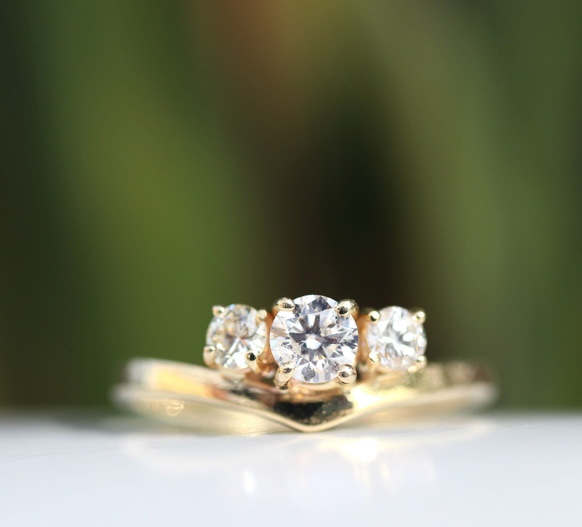 Three Stone Diamond Engagement Ring 14k Gold, Chevron Stacking Bridal Ring, Curved Dainty Wedding Band - Melt'm Jewelry