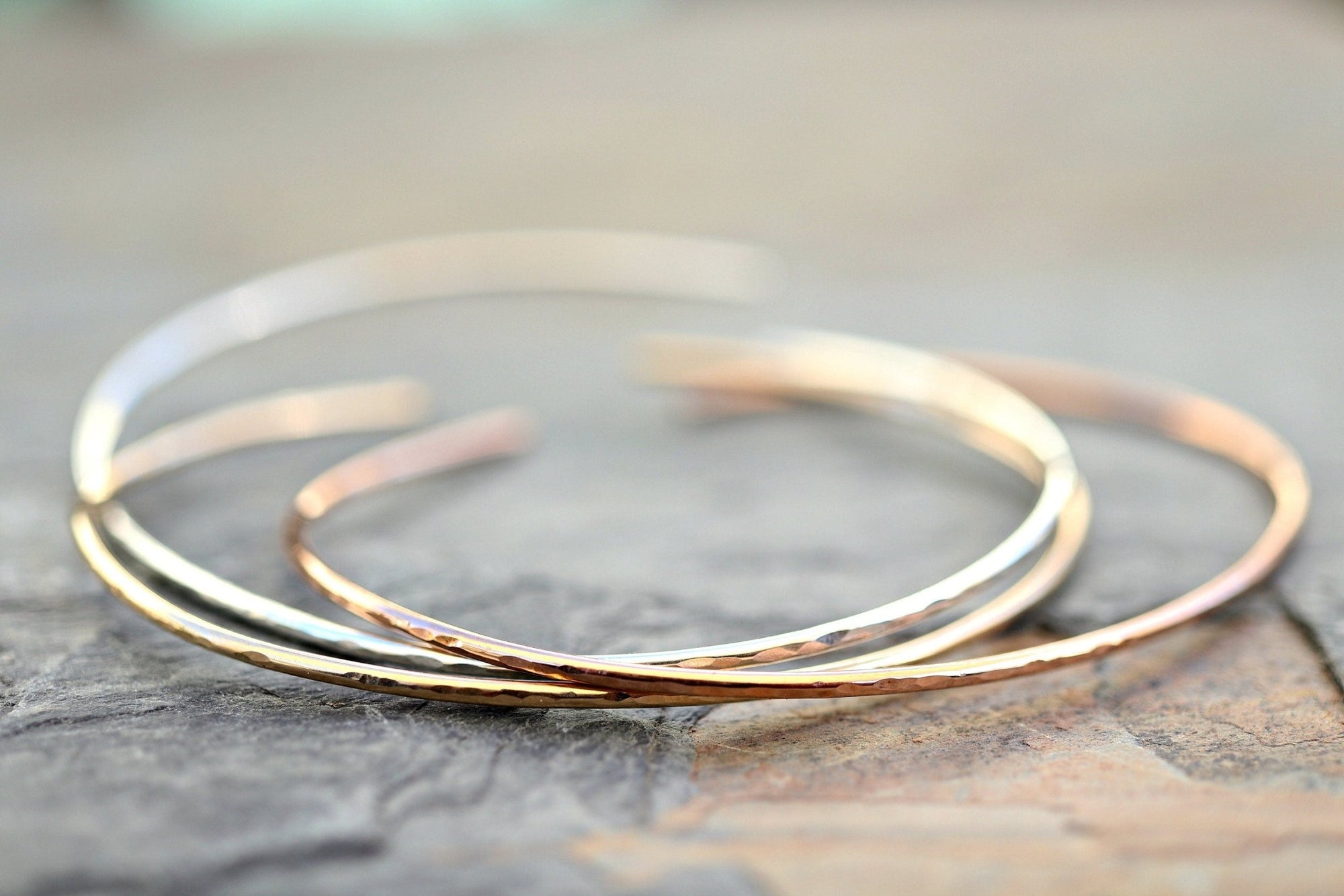 Thin Cuff Bracelet, Hammered Gold Open Bangle - Melt'm Jewelry