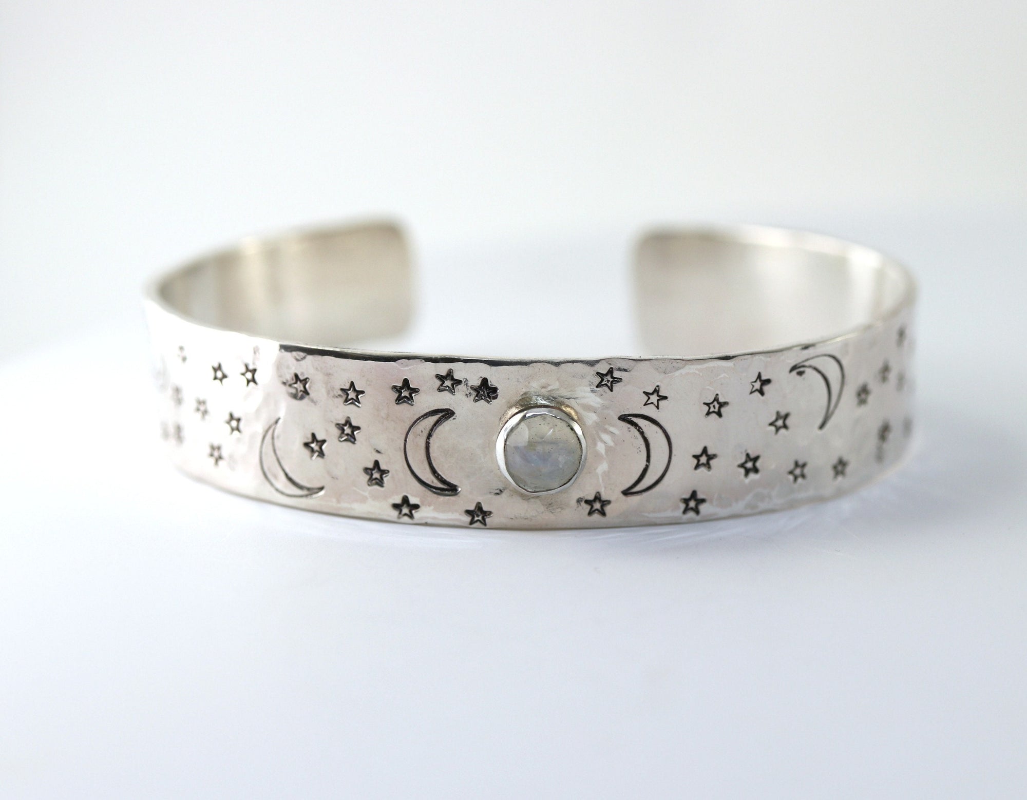 Opal Moon and Stars Hand Stamped Celestial Cuff Bracelet