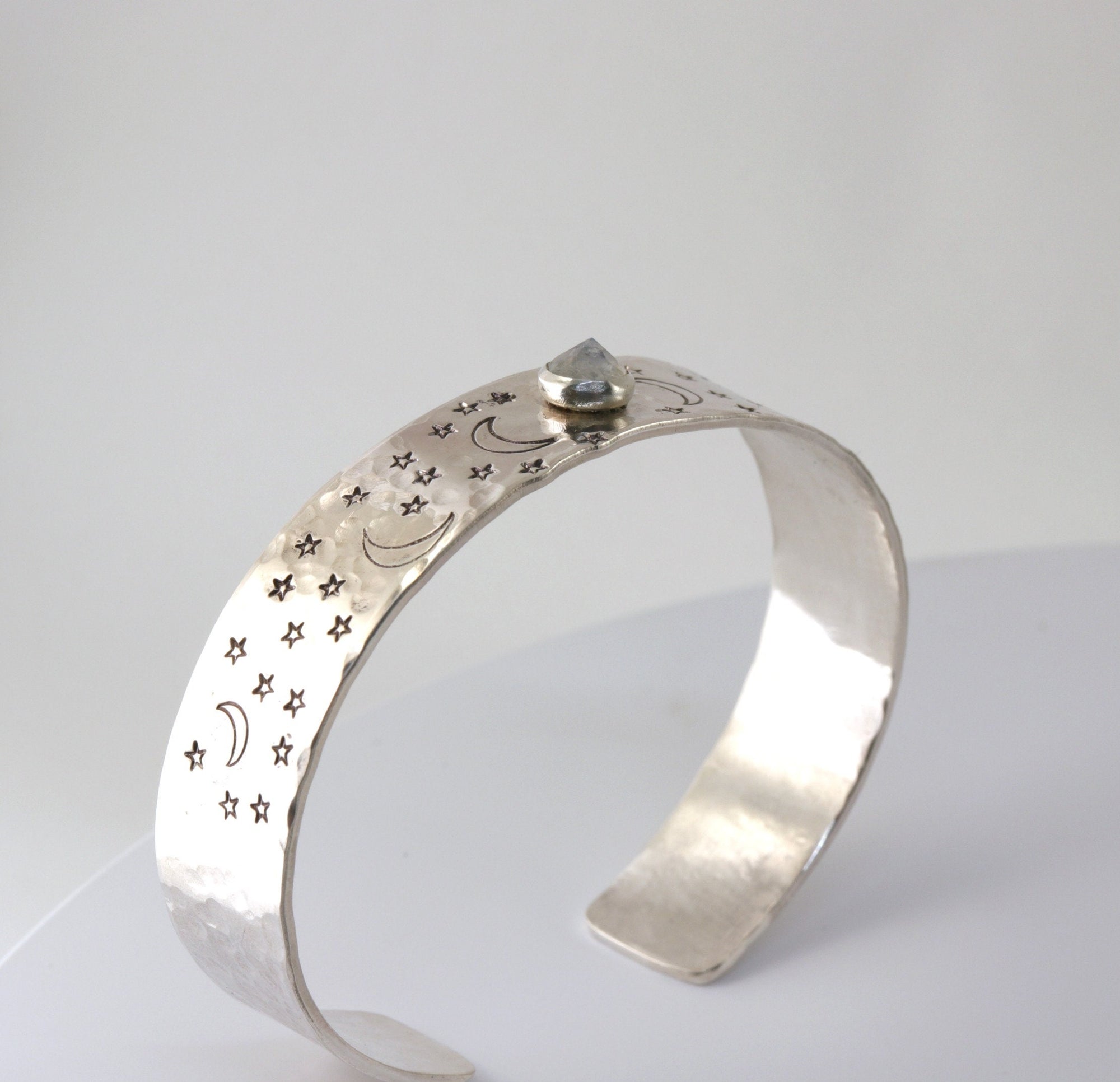 Opal Moon and Stars Hand Stamped Celestial Cuff Bracelet