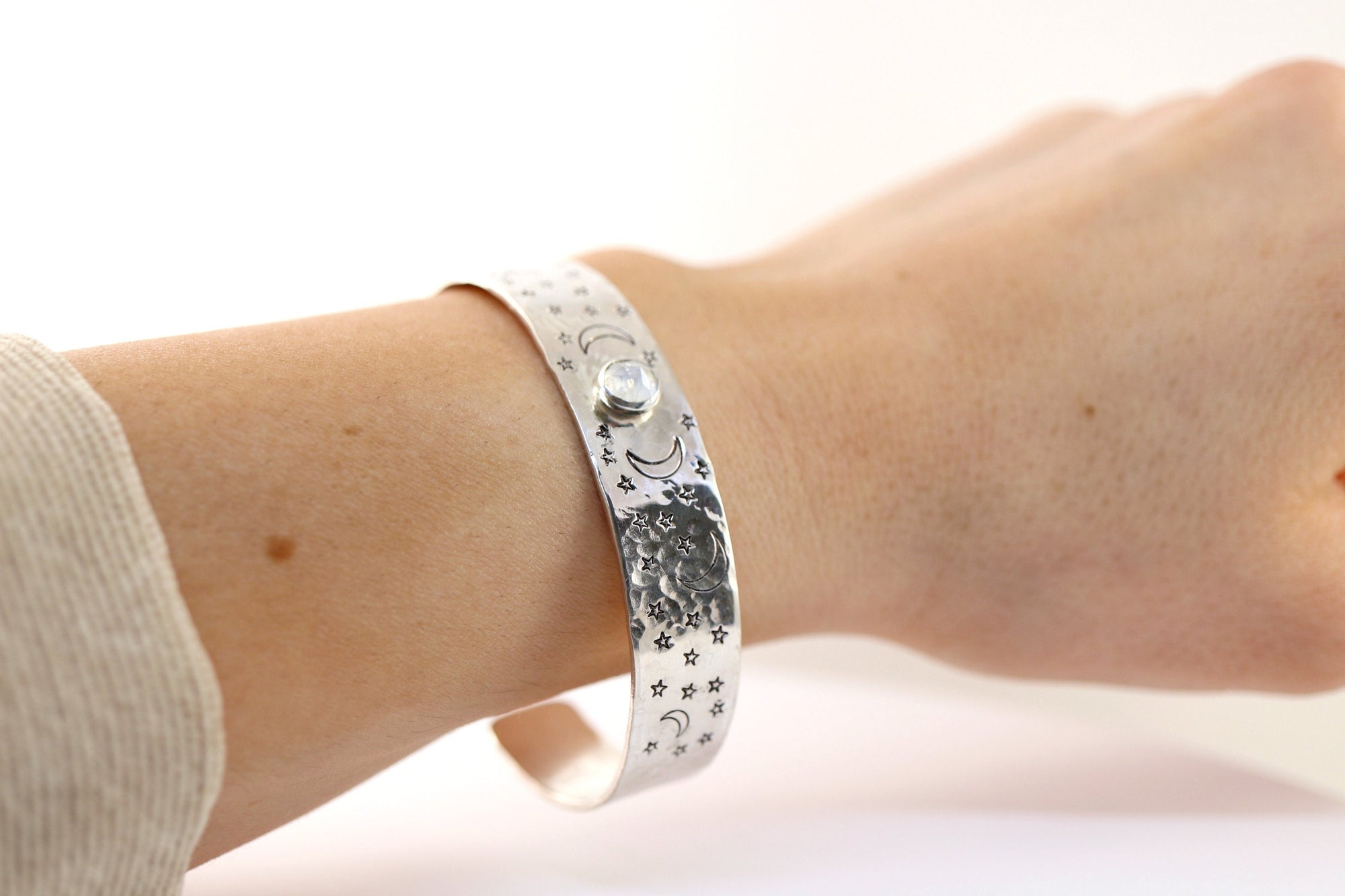 Opal Moon and Stars Hand Stamped Celestial Cuff Bracelet