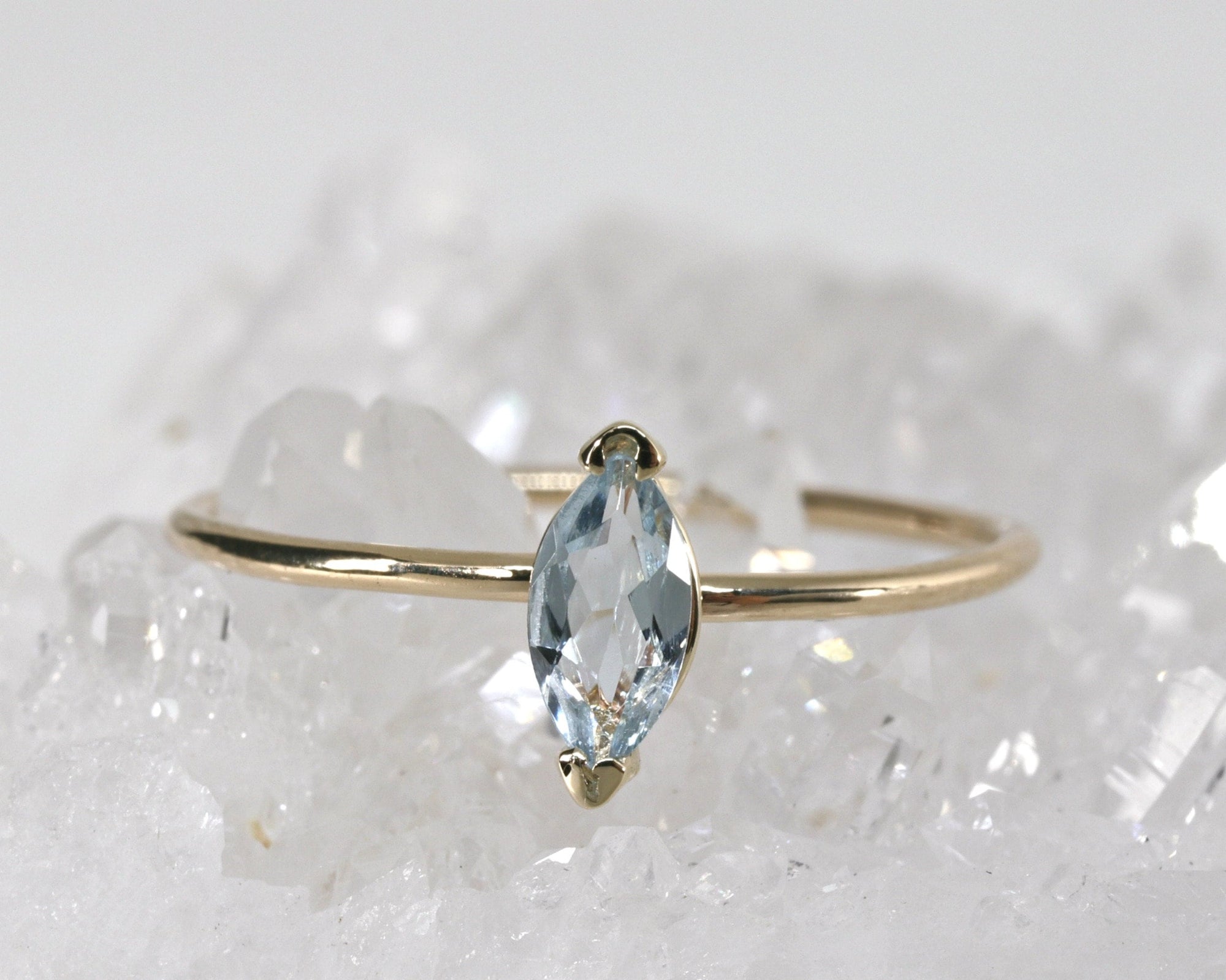 Marquise Cut Aquamarine Engagement Ring, 14k Gold March Birthstone Ring