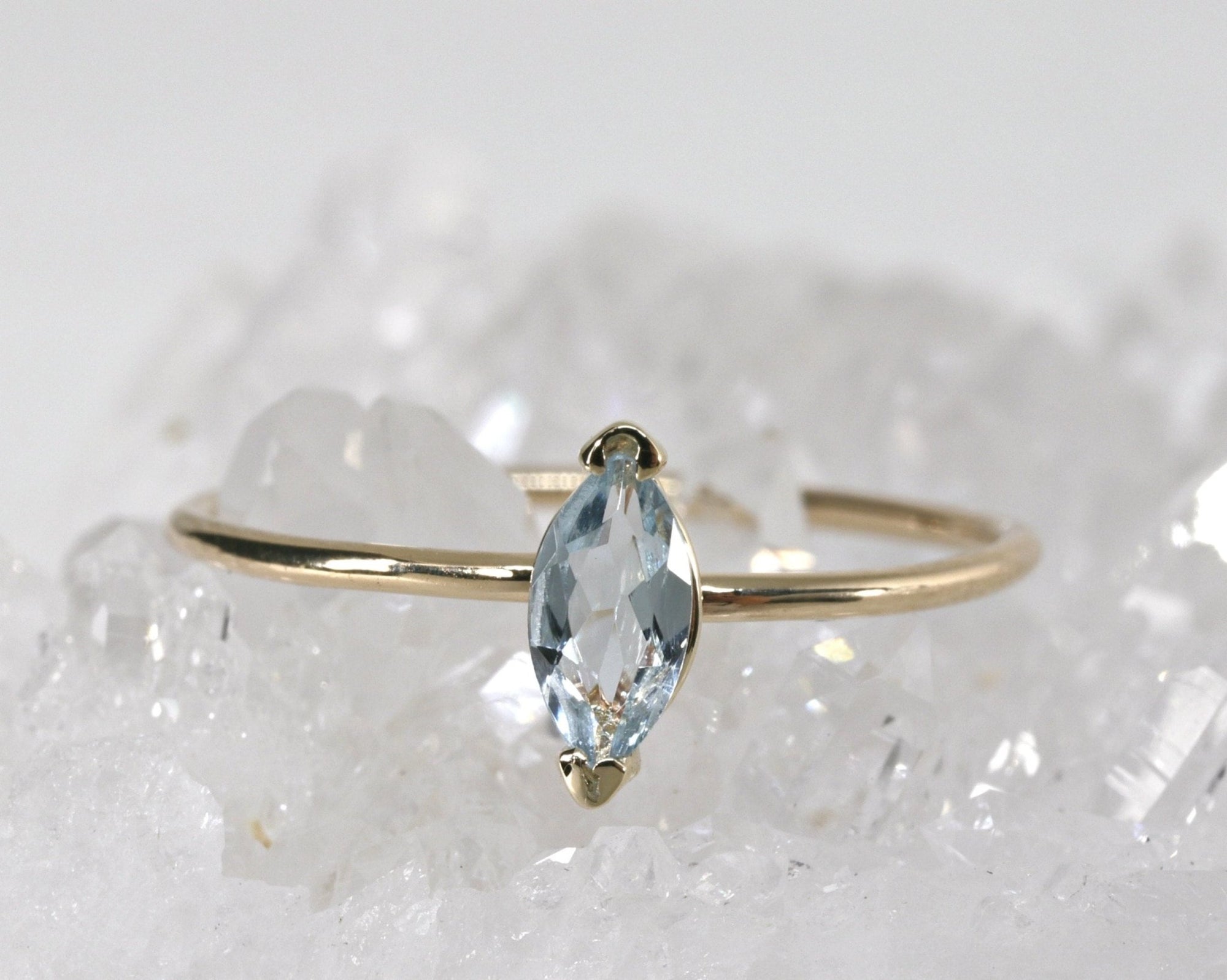 Marquise Cut Aquamarine Engagement Ring, 14k Gold March Birthstone Ring - Melt'm Jewelry