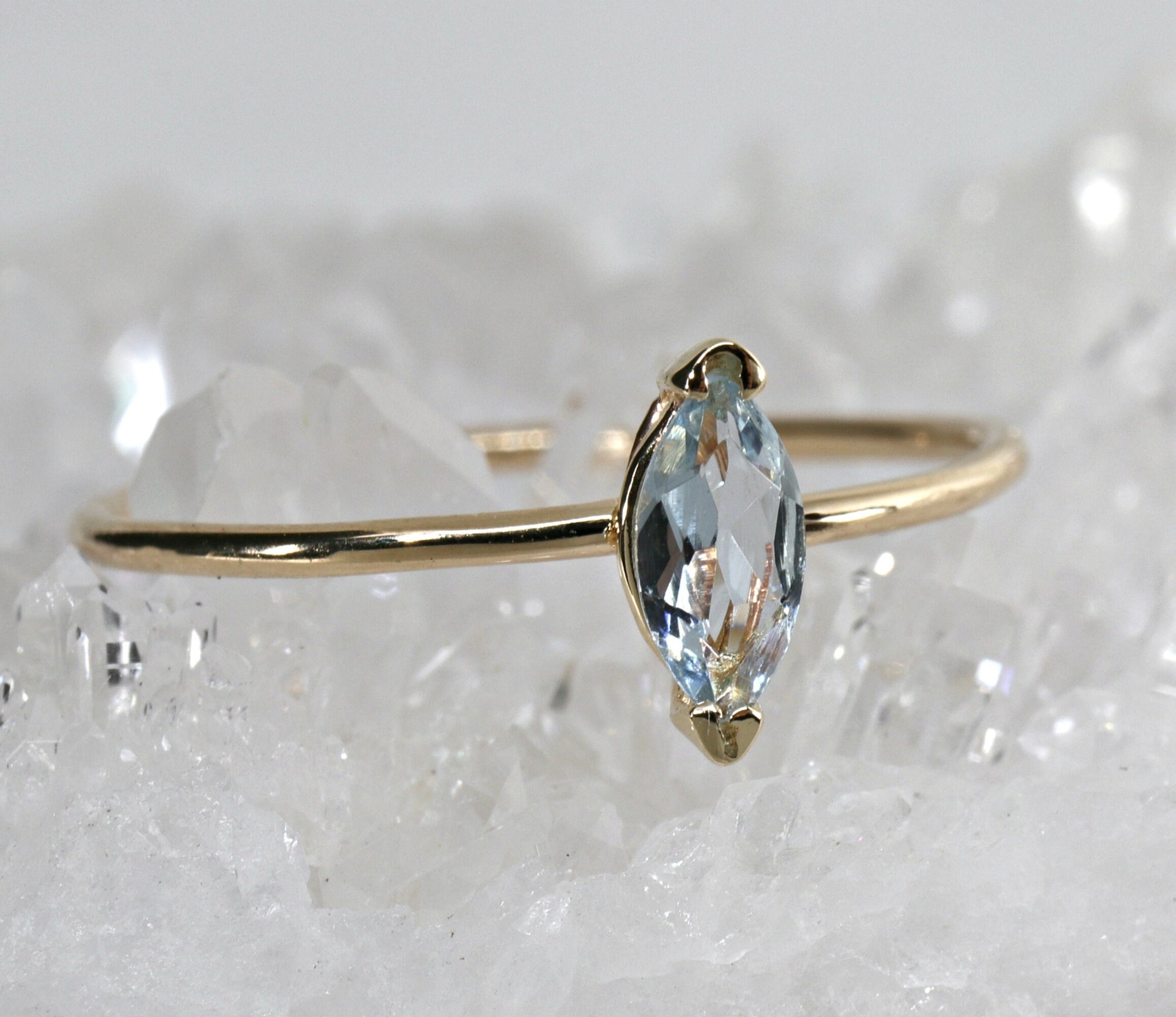 Marquise Cut Aquamarine Engagement Ring, 14k Gold March Birthstone Ring