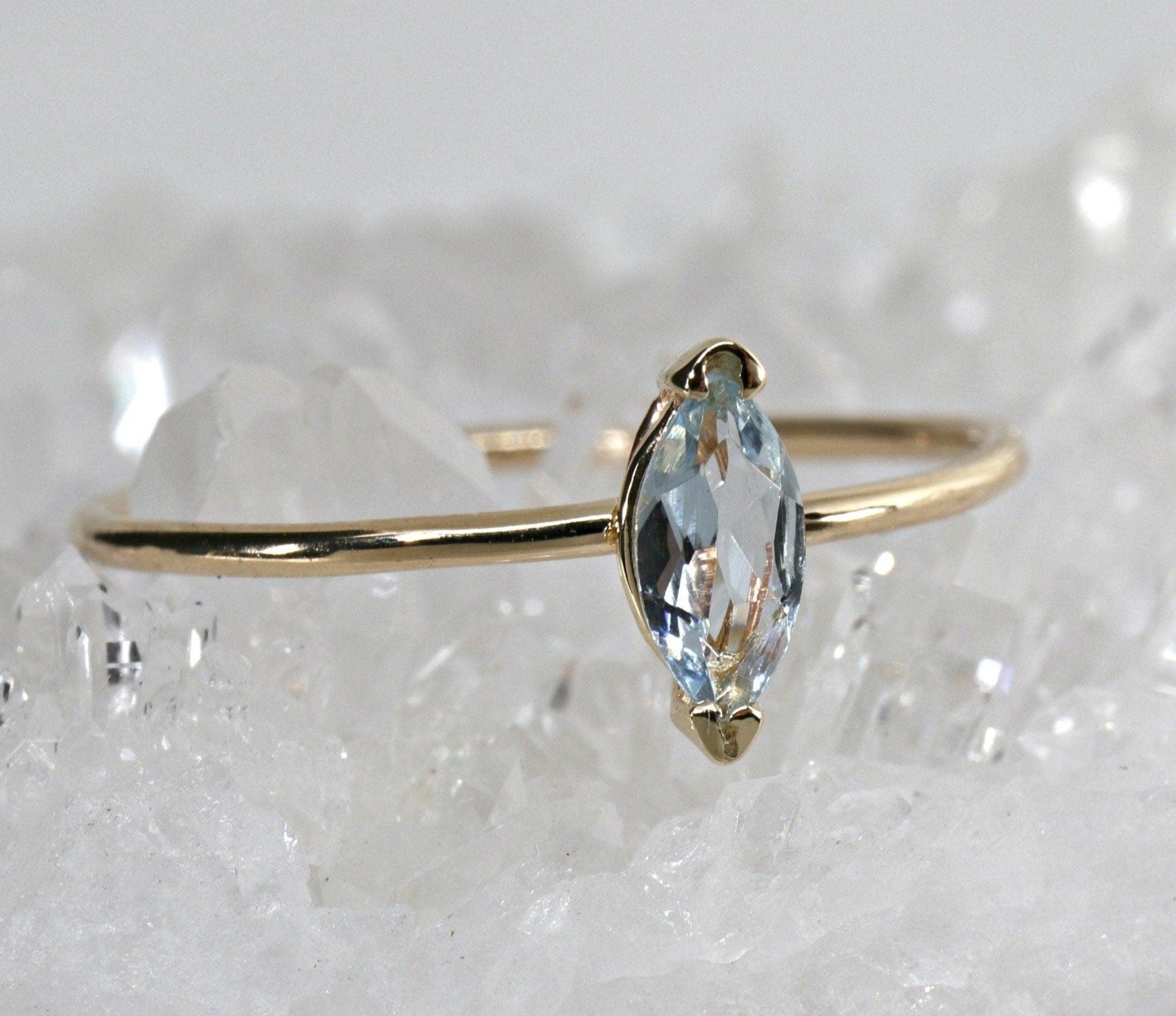 Marquise Cut Aquamarine Engagement Ring, 14k Gold March Birthstone Ring - Melt'm Jewelry