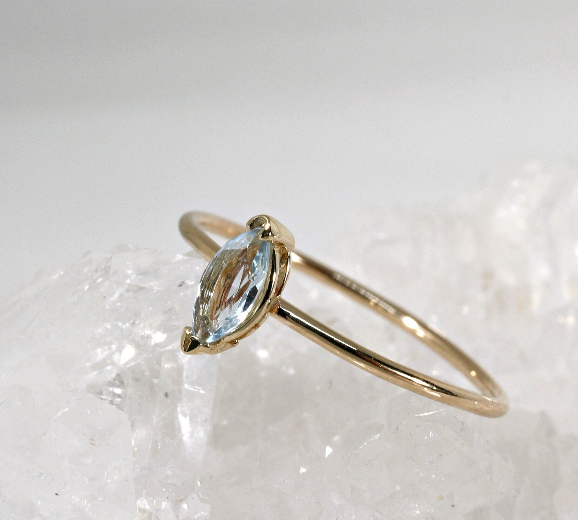 Marquise Cut Aquamarine Engagement Ring, 14k Gold March Birthstone Ring