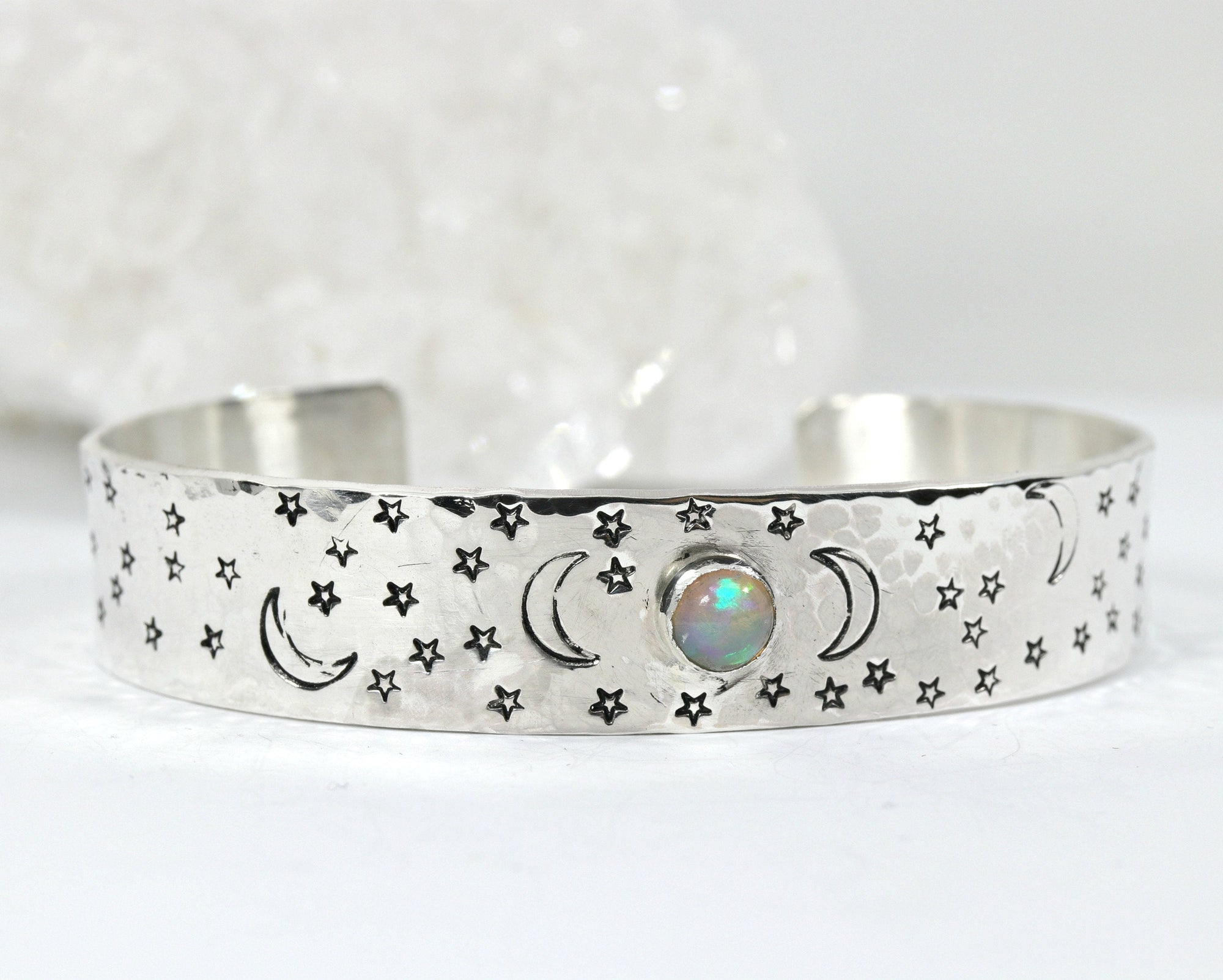 Opal Moon and Stars Hand Stamped Celestial Cuff Bracelet