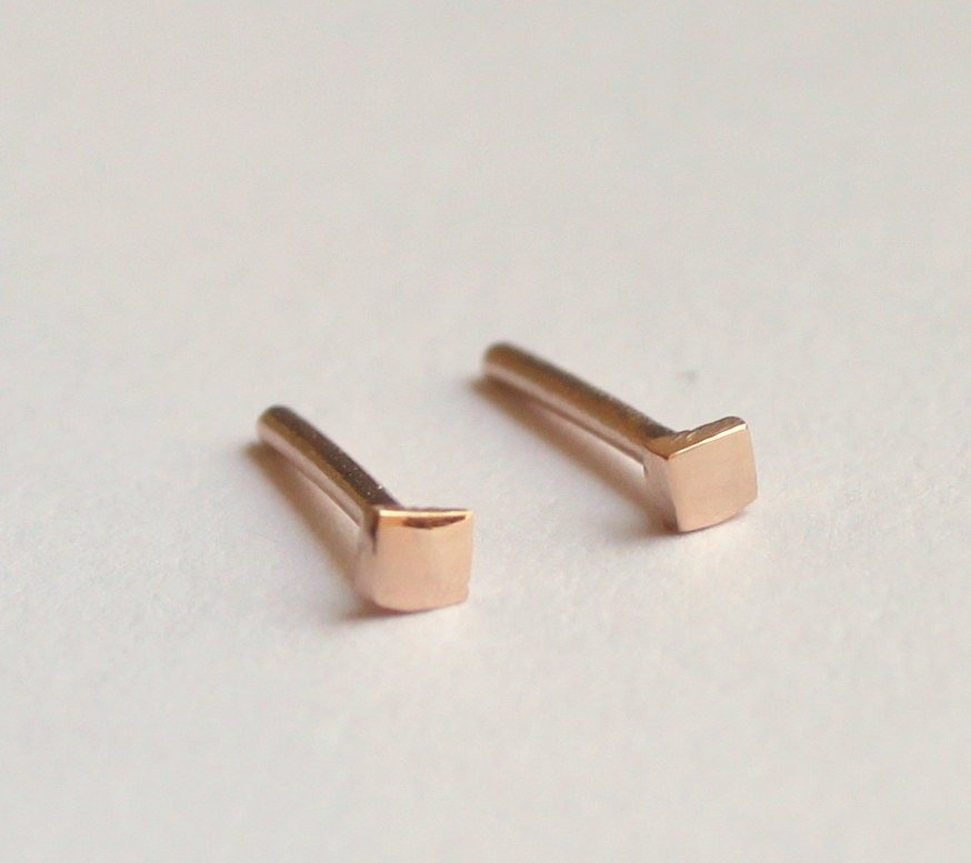 2mm Square Gold Stud Earrings (Solid Yellow or Rose Gold - SINGLE or PAIR) - Melt'm Jewelry