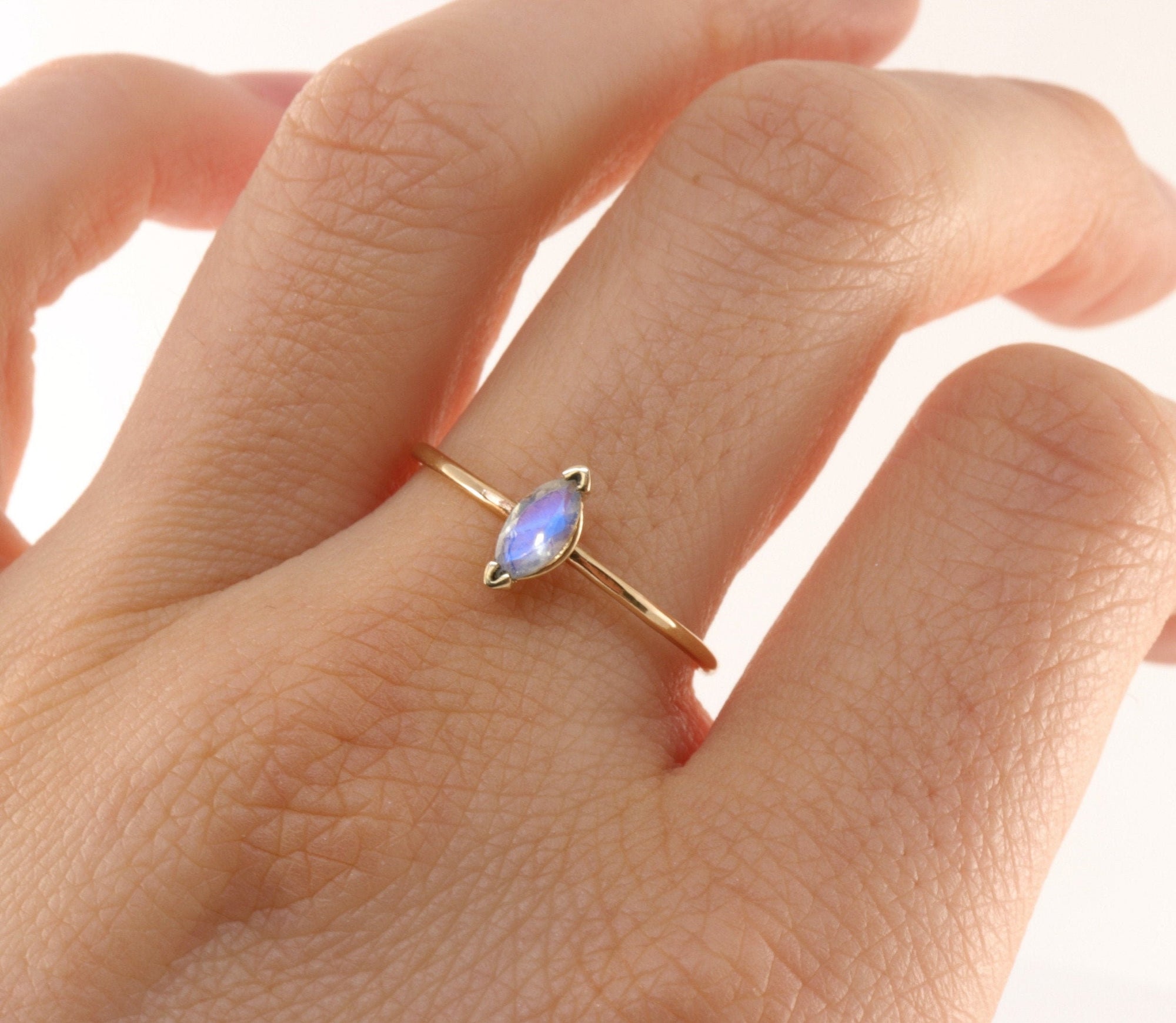 14k Gold Marquise Cut Moonstone Ring, June Birthstone