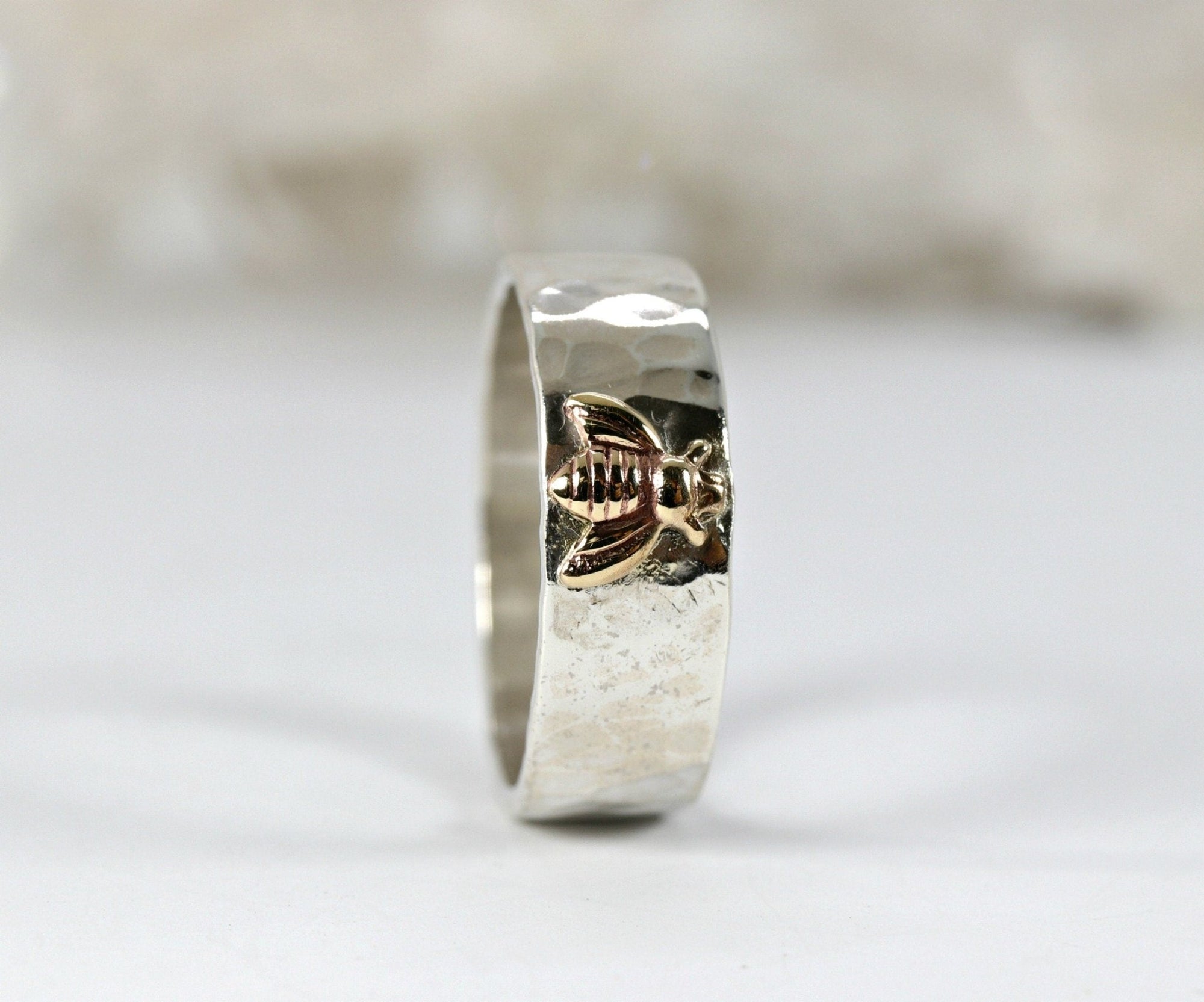 Honey Bee Ring, Sterling Silver Hammered Band and Gold Bee Ring - Melt'm Jewelry