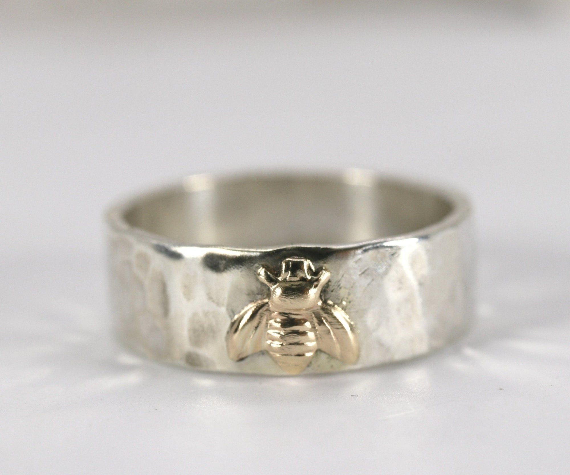 Honey Bee Ring, Sterling Silver Hammered Band and Gold Bee Ring - Melt'm Jewelry