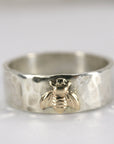 Honey Bee Ring, Sterling Silver Hammered Band and Gold Bee Ring - Melt'm Jewelry