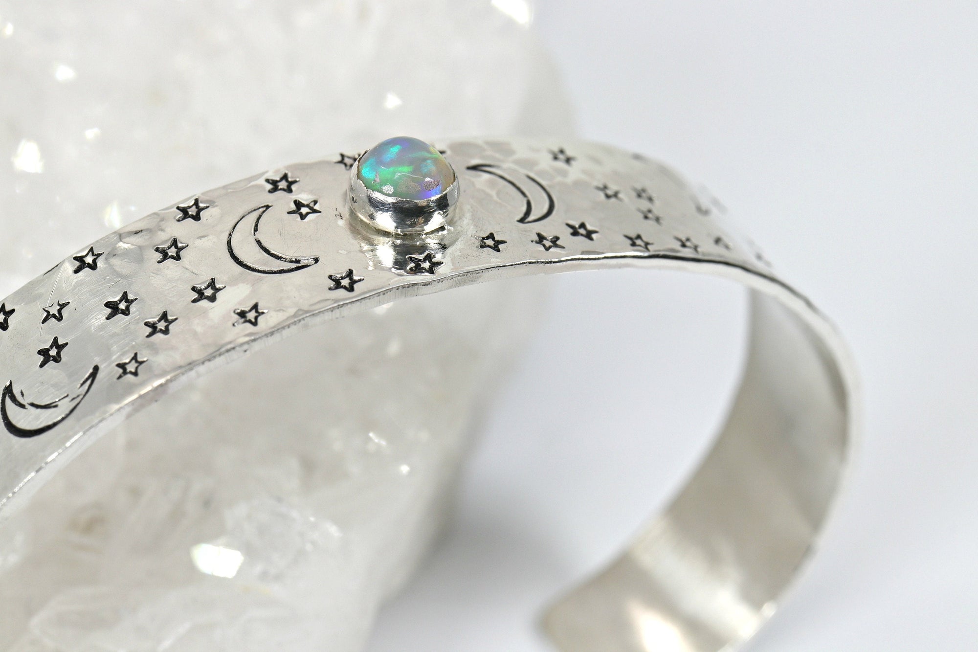 Opal Moon and Stars Hand Stamped Celestial Cuff Bracelet