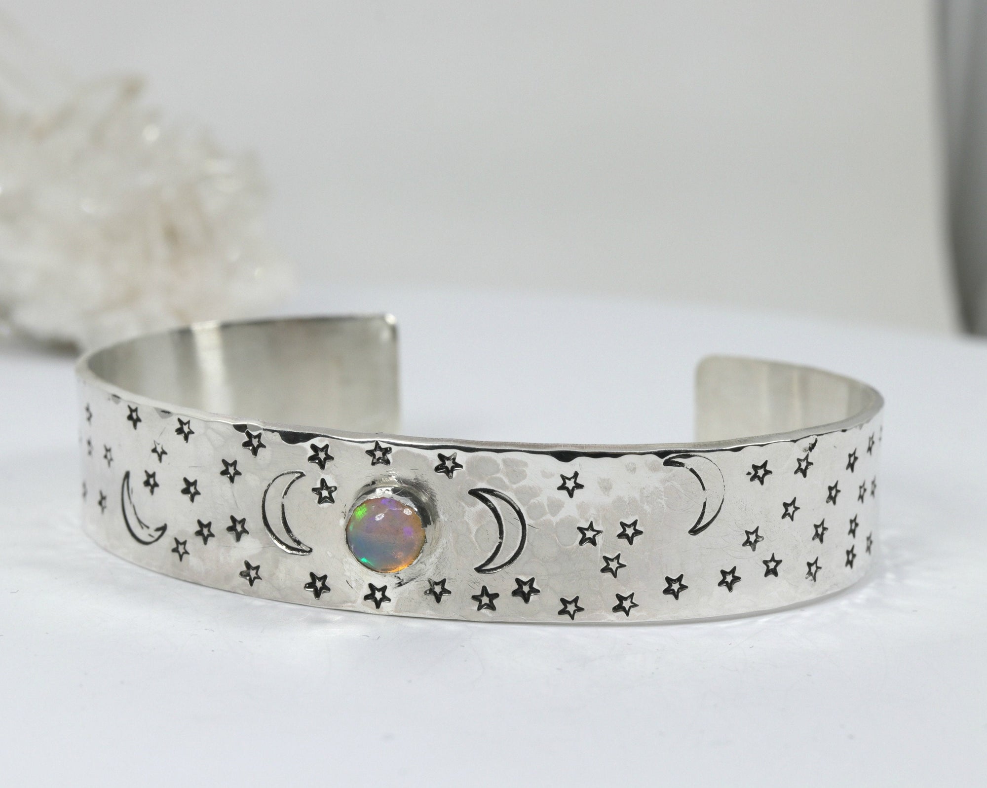 Opal Moon and Stars Hand Stamped Celestial Cuff Bracelet