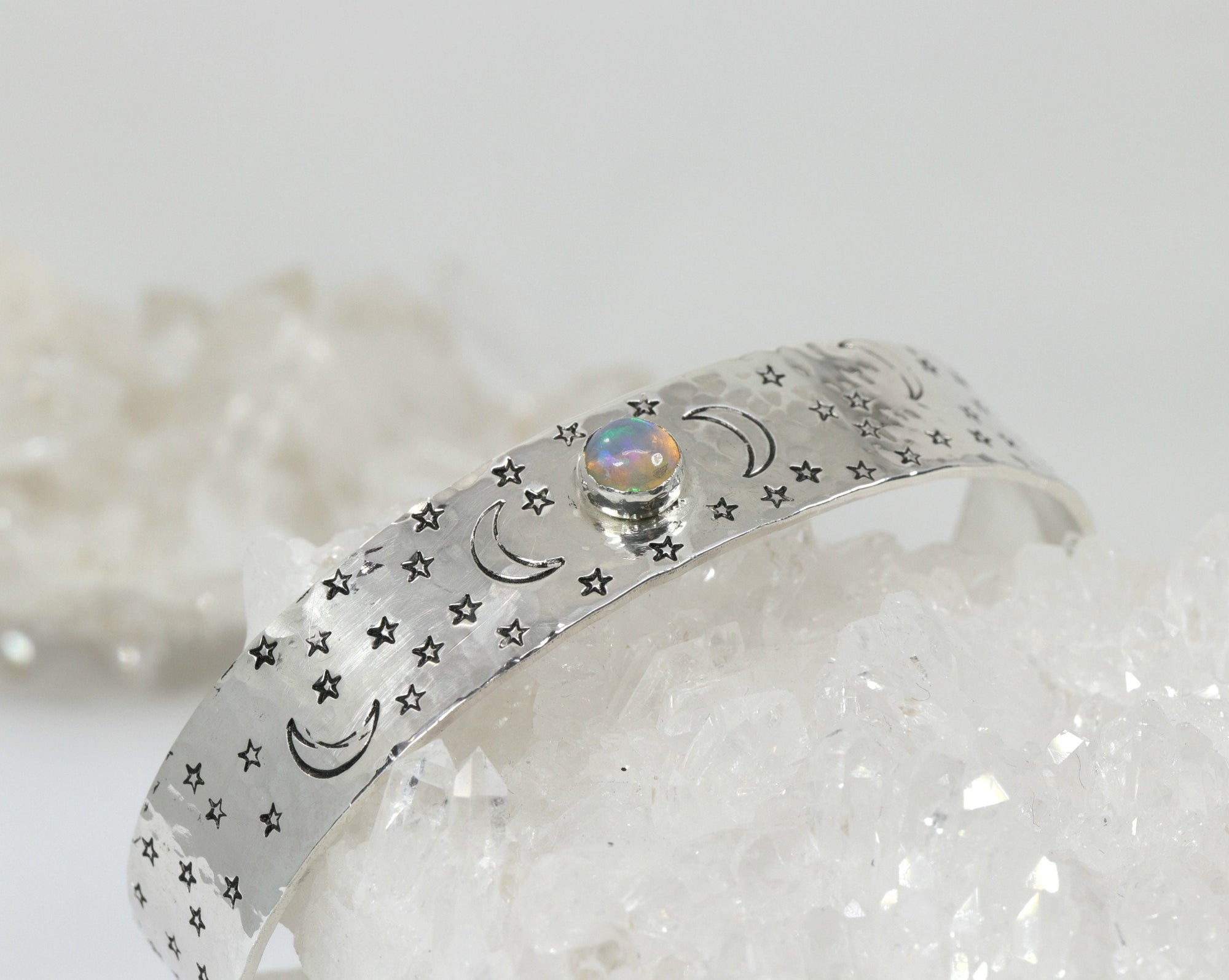 Opal Moon and Stars Hand Stamped Celestial Cuff Bracelet