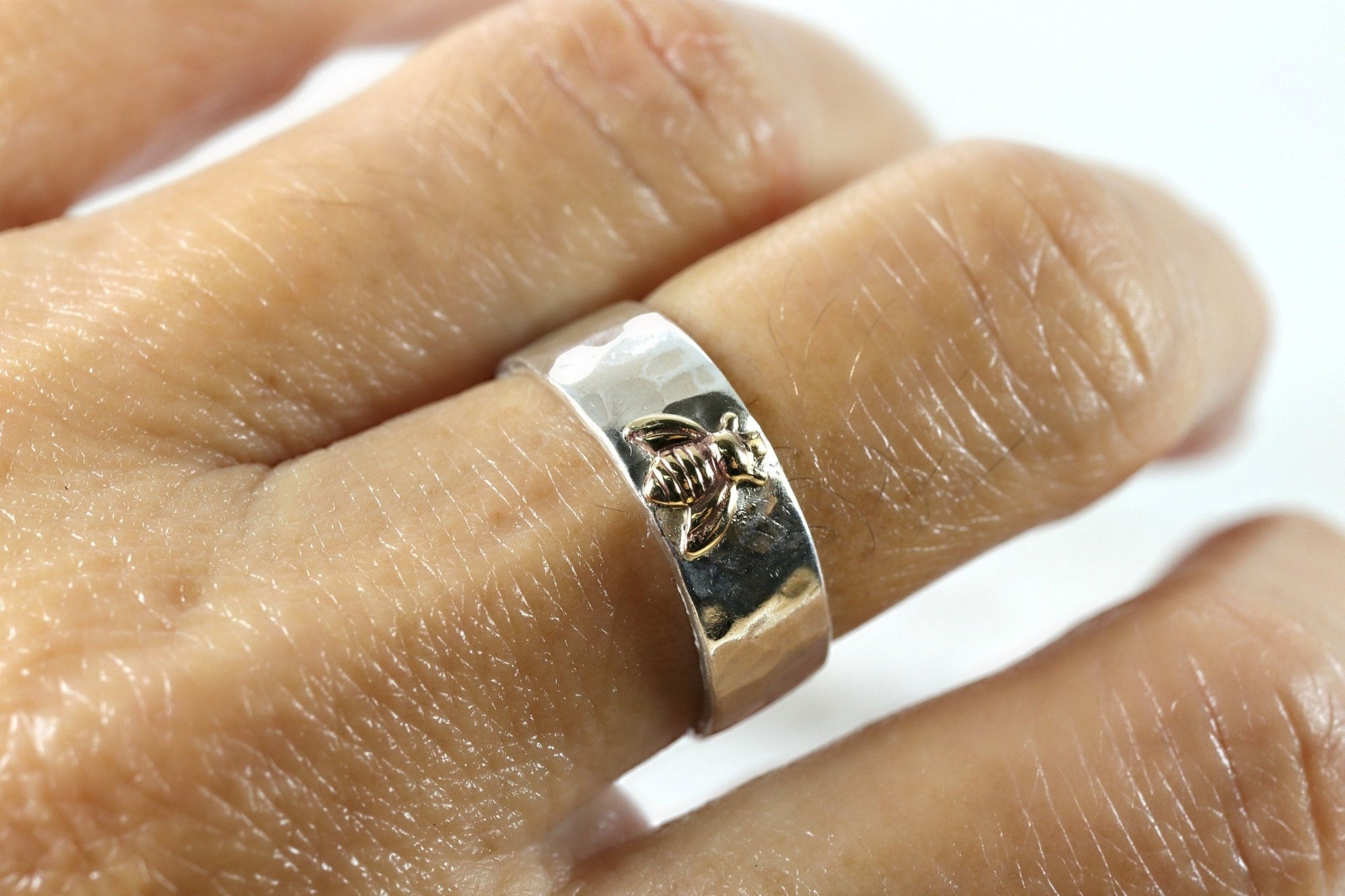 Honey Bee Ring, Sterling Silver Hammered Band and Gold Bee Ring - Melt'm Jewelry