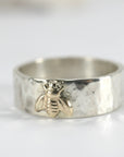 Honey Bee Ring, Sterling Silver Hammered Band and Gold Bee Ring - Melt'm Jewelry