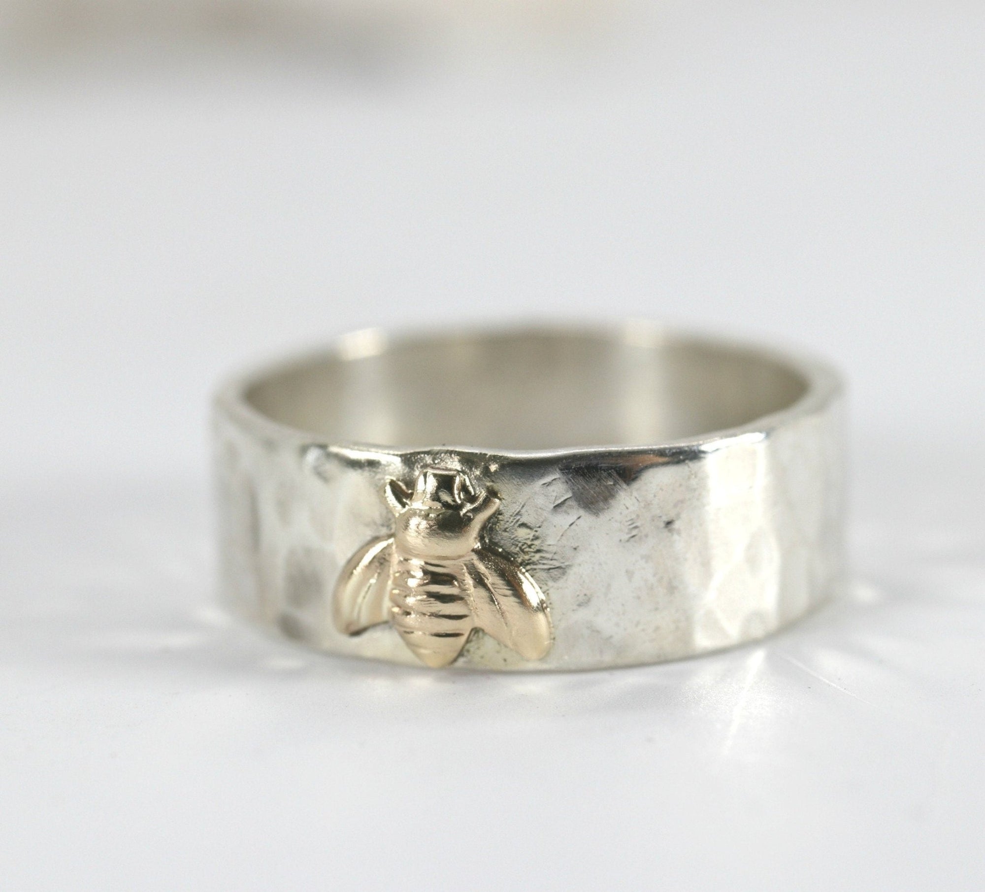 Honey Bee Ring, Sterling Silver Hammered Band and Gold Bee Ring - Melt'm Jewelry
