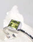 Princess Cut (Square) Peridot Ring, Sterling Silver, 14k White Gold Bezel Setting