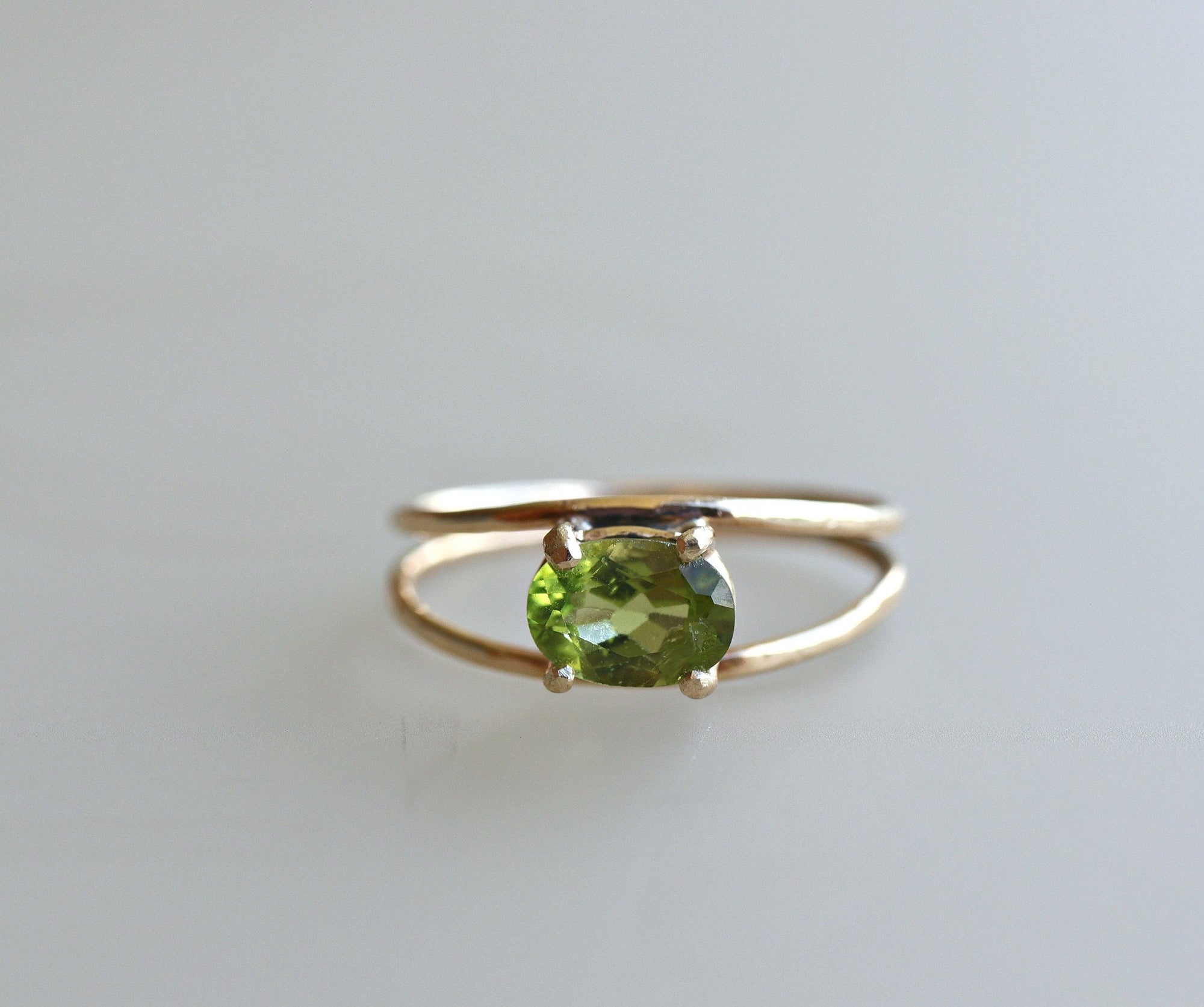 14k Gold Peridot Ring, Oval Engagement Ring, Double Band Ring - Melt'm Jewelry