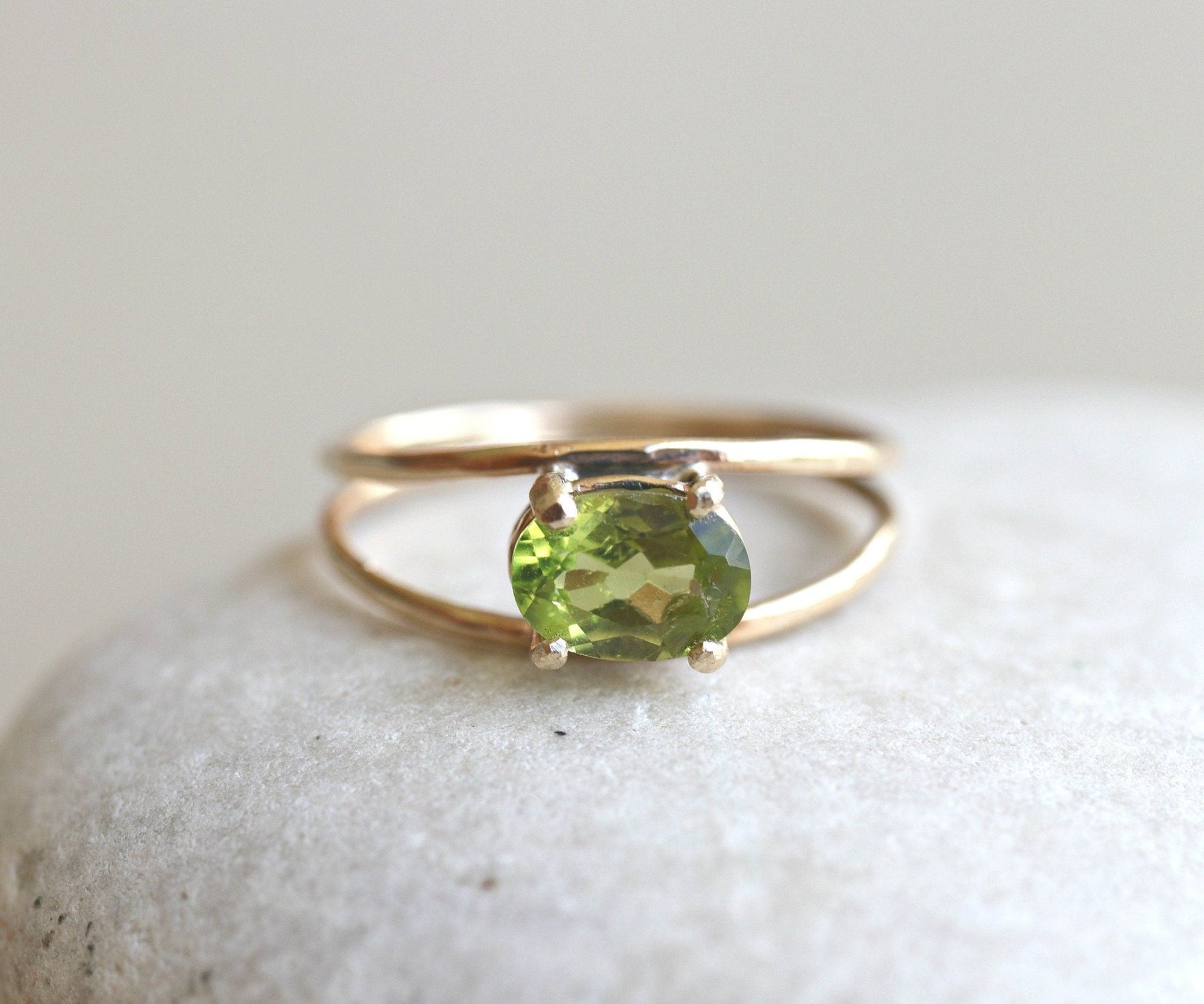 14k Gold Peridot Ring, Oval Engagement Ring, Double Band Ring - Melt'm Jewelry
