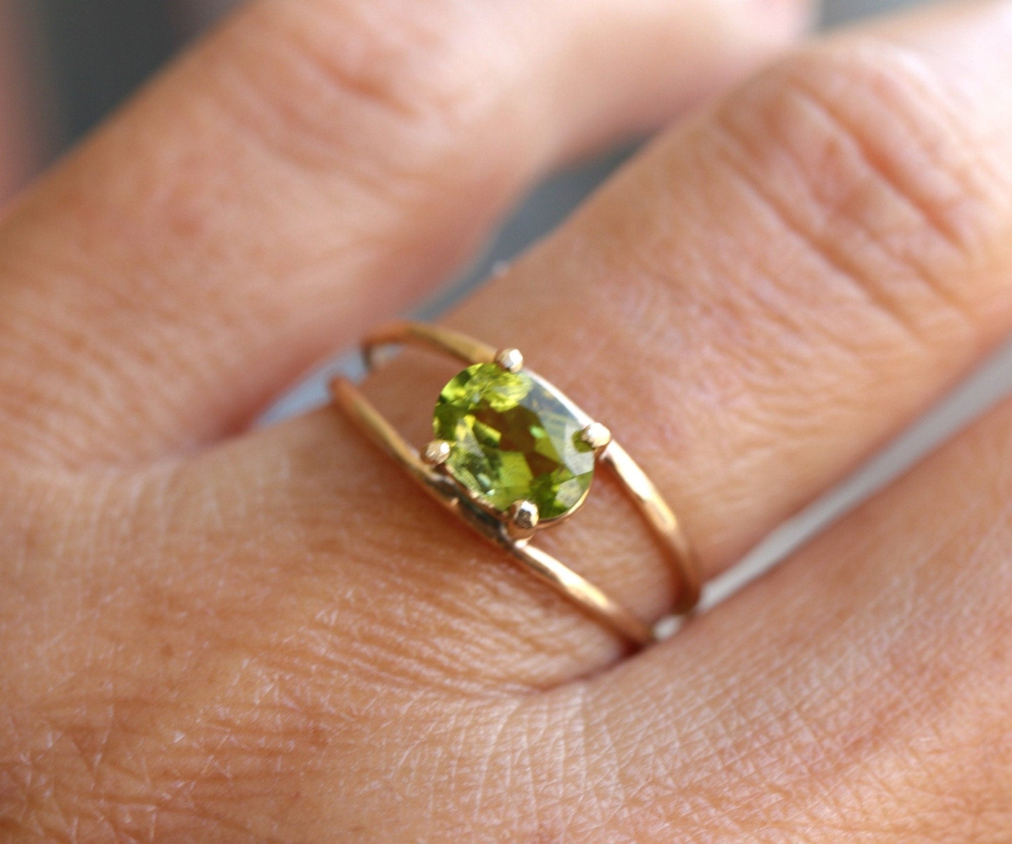 14k Gold Peridot Ring, Oval Engagement Ring, Double Band Ring - Melt'm Jewelry
