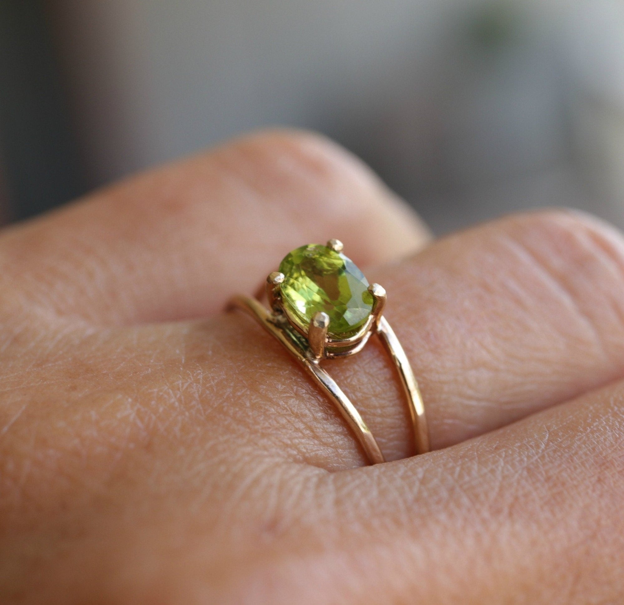 14k Gold Peridot Ring, Oval Engagement Ring, Double Band Ring - Melt'm Jewelry