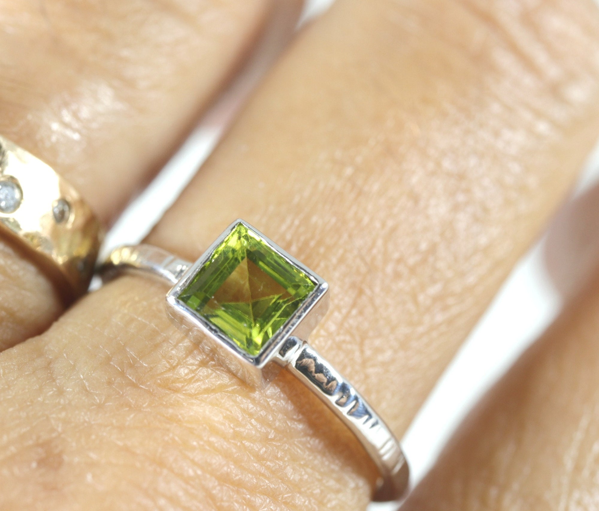 Princess Cut (Square) Peridot Ring, Sterling Silver, 14k White Gold Bezel Setting