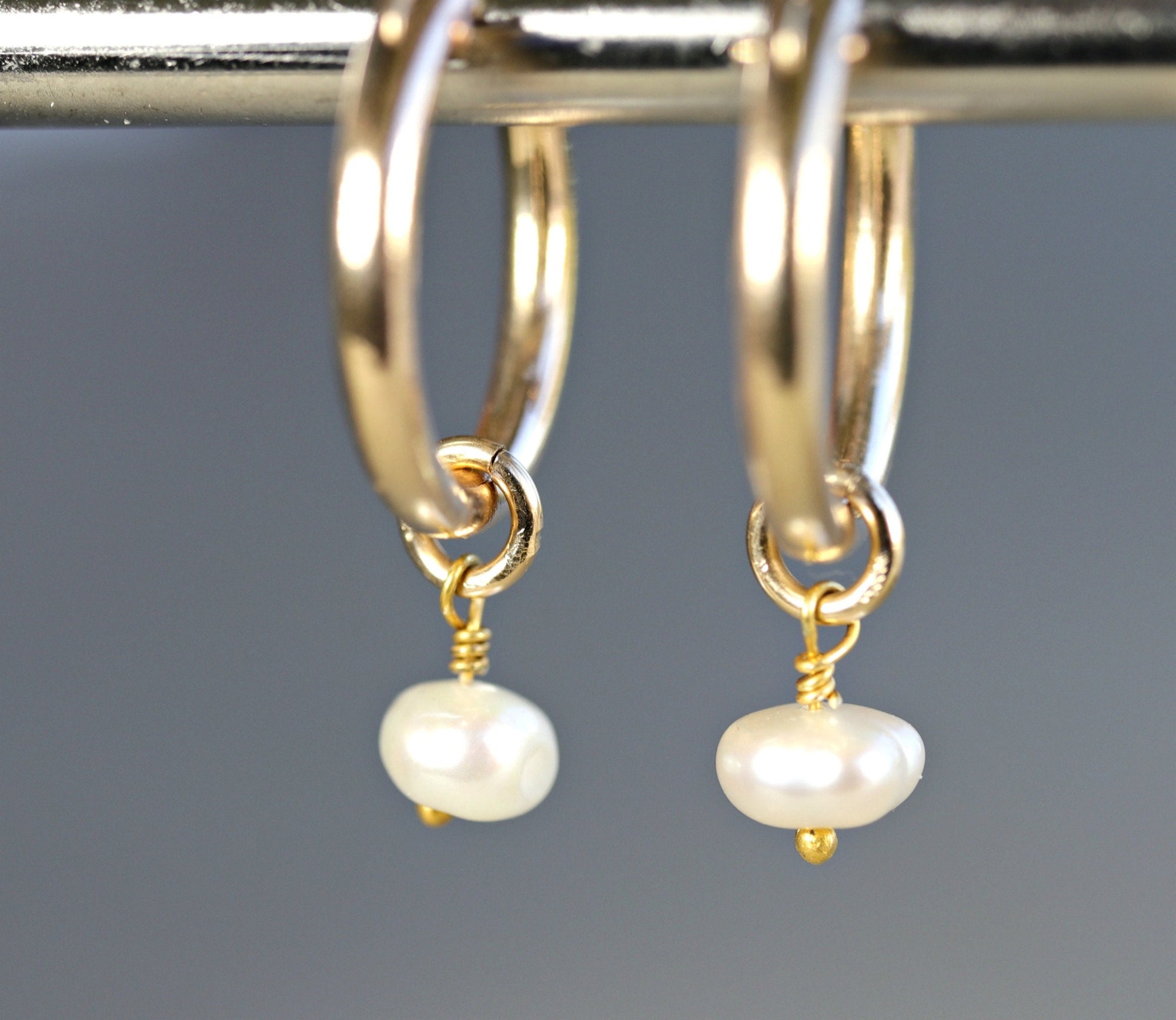 Rose Gold Dangle Hoops with Pearl, Pearl Hoop Earrings