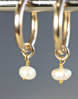 Rose Gold Dangle Hoops with Pearl, Pearl Hoop Earrings