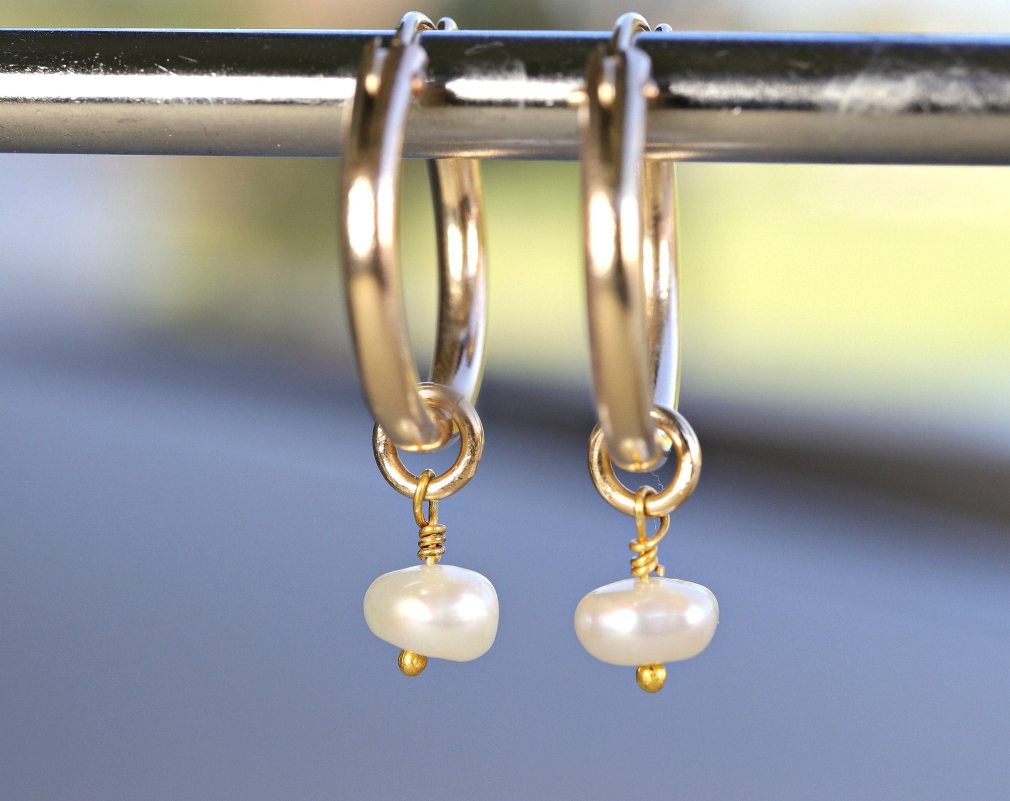 Rose Gold Dangle Hoops with Pearl, Pearl Hoop Earrings