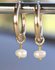 Rose Gold Dangle Hoops with Pearl, Pearl Hoop Earrings - Melt'm Jewelry