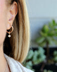 Rose Gold Dangle Hoops with Pearl, Pearl Hoop Earrings