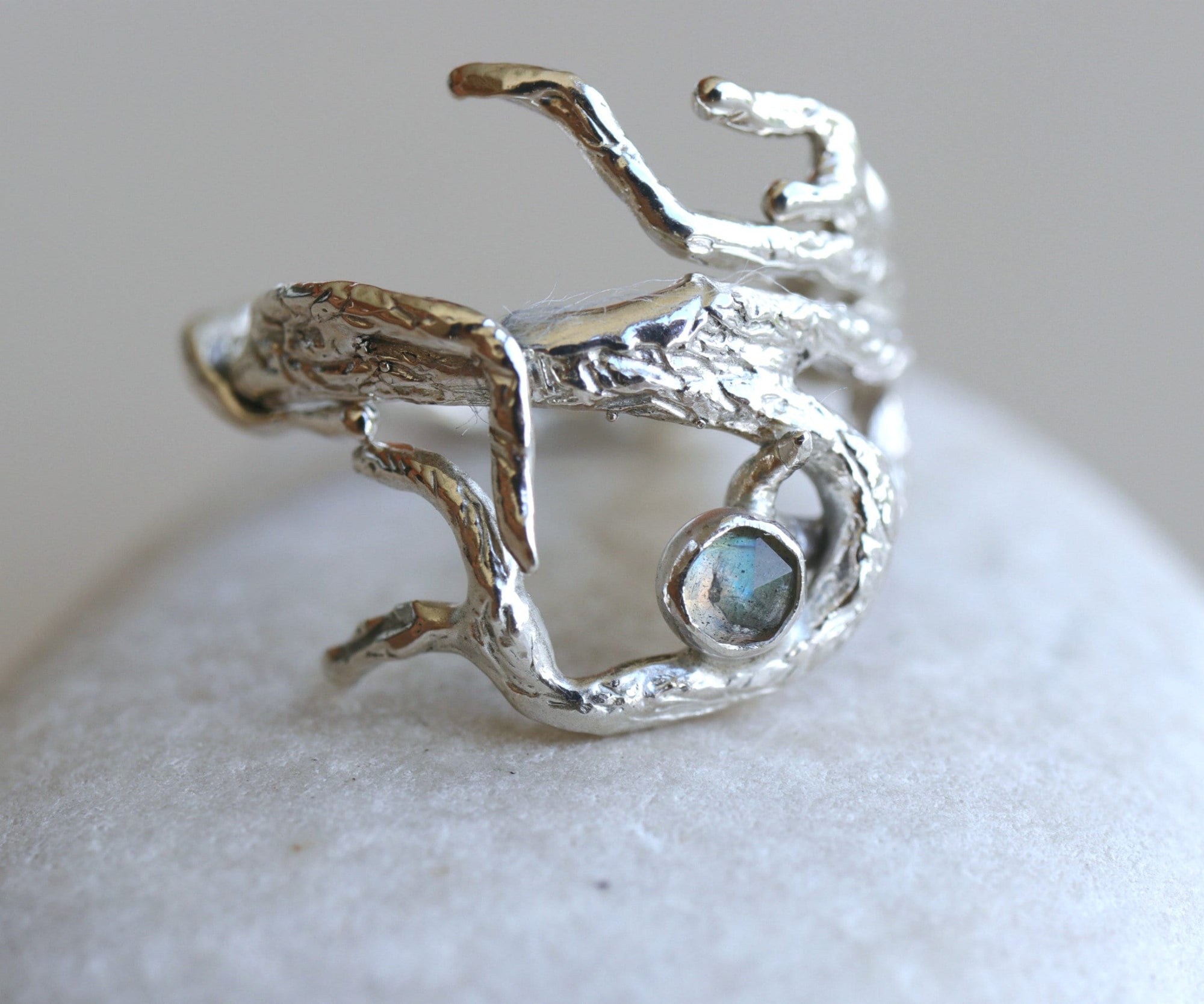 Gemstone Twig Ring, Sterling Silver Branch Ring