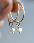 A pair of gold hoop earrings with small, white pearl drops. The earrings are held up against a soft, blurred background. The hoops are thin and shiny, and the pearls have a subtle luster.