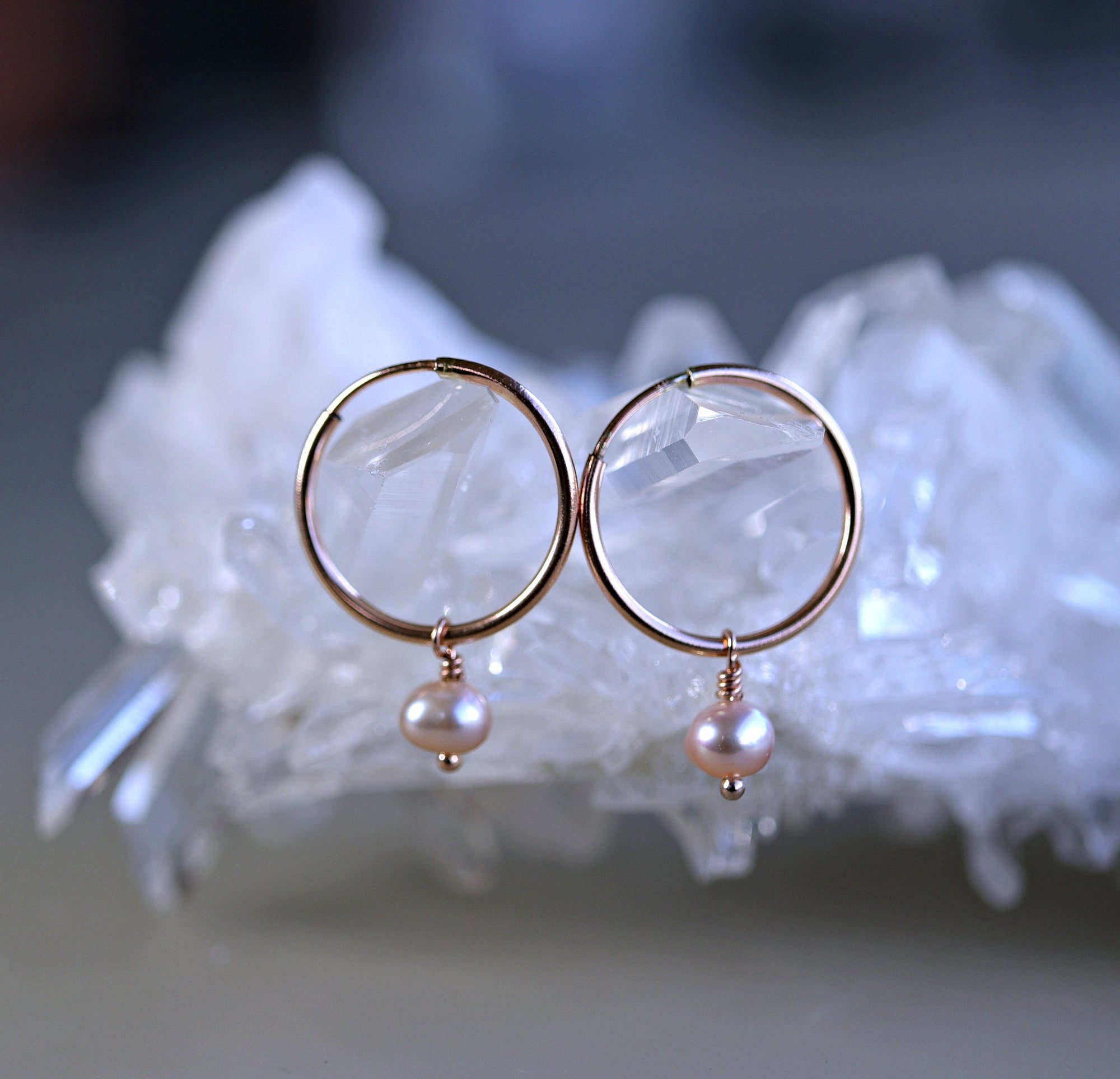 Pearl Hoop Earrings, Rose Gold Bridal Jewelry, Gold Filled Hoops