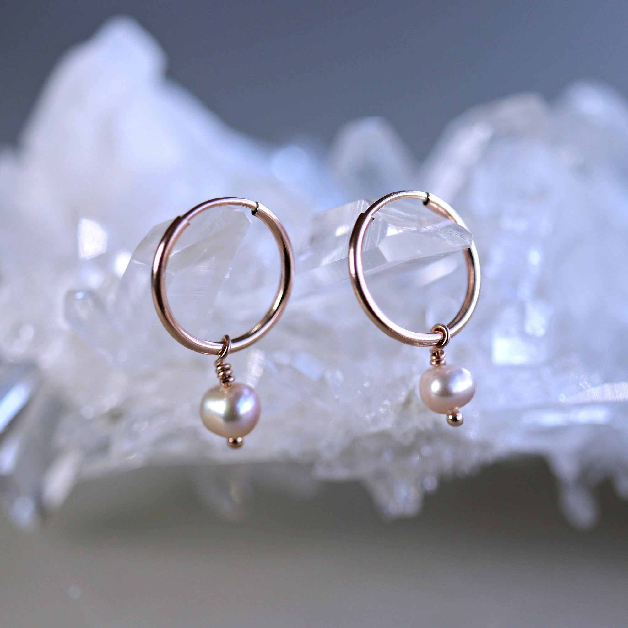 Pearl Hoop Earrings, Rose Gold Bridal Jewelry, Gold Filled Hoops