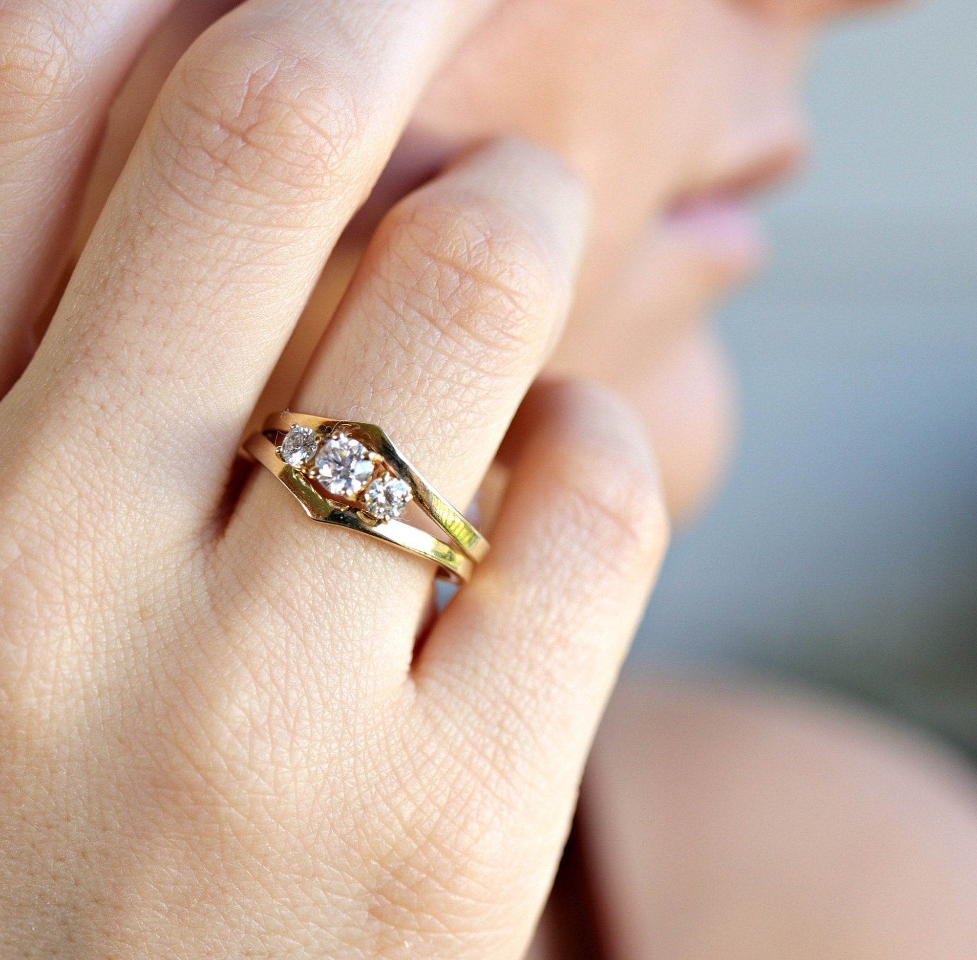 Three Stone Diamond Engagement Ring 14k Gold, Chevron Stacking Bridal Ring, Curved Dainty Wedding Band - Melt'm Jewelry