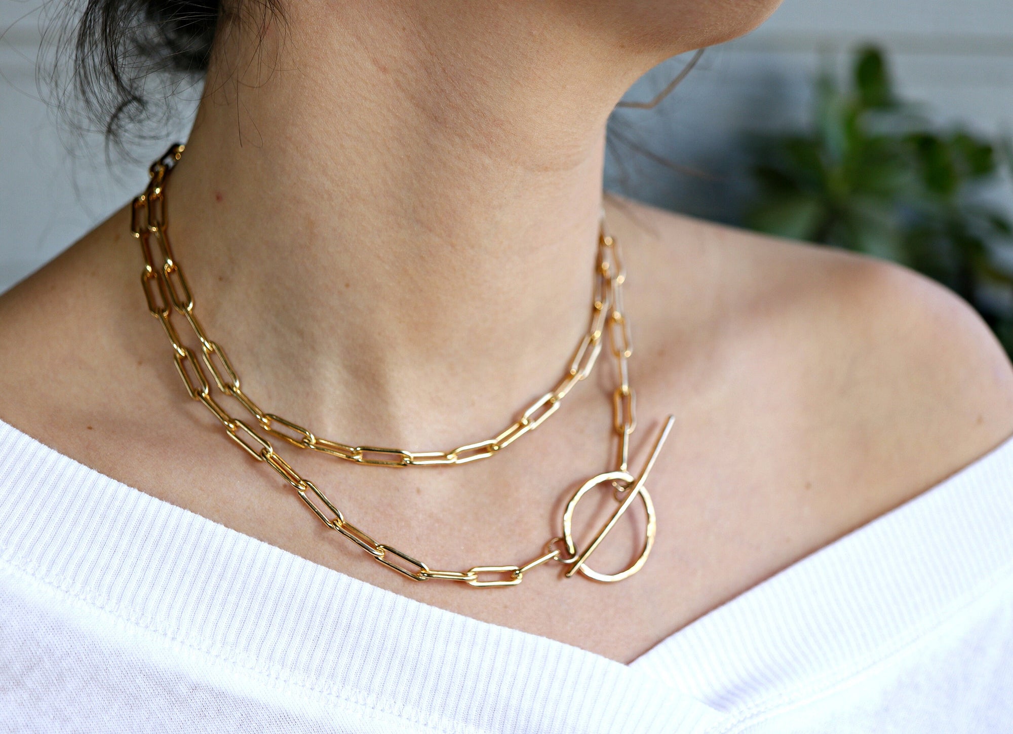 Gold Chunky Elongated Rectangle Chain Necklace, Toggle Layering Necklace