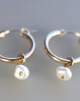 Rose Gold Dangle Hoops with Pearl, Pearl Hoop Earrings