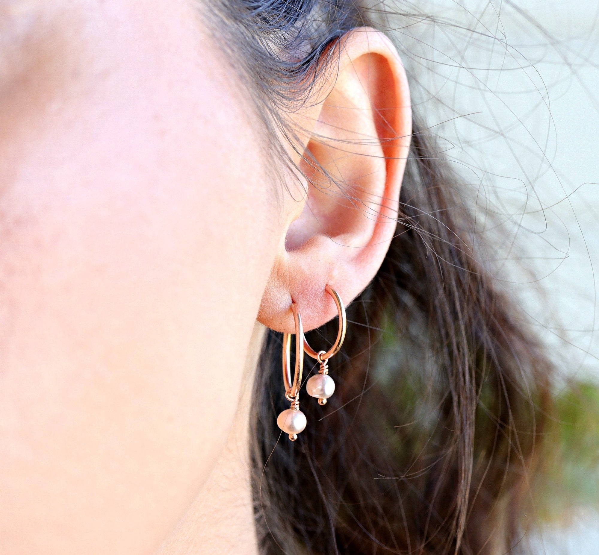 Pearl Hoop Earrings, Rose Gold Bridal Jewelry, Gold Filled Hoops