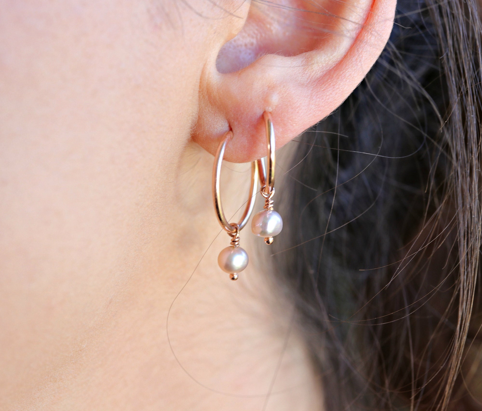 Pearl Hoop Earrings, Rose Gold Bridal Jewelry, Gold Filled Hoops