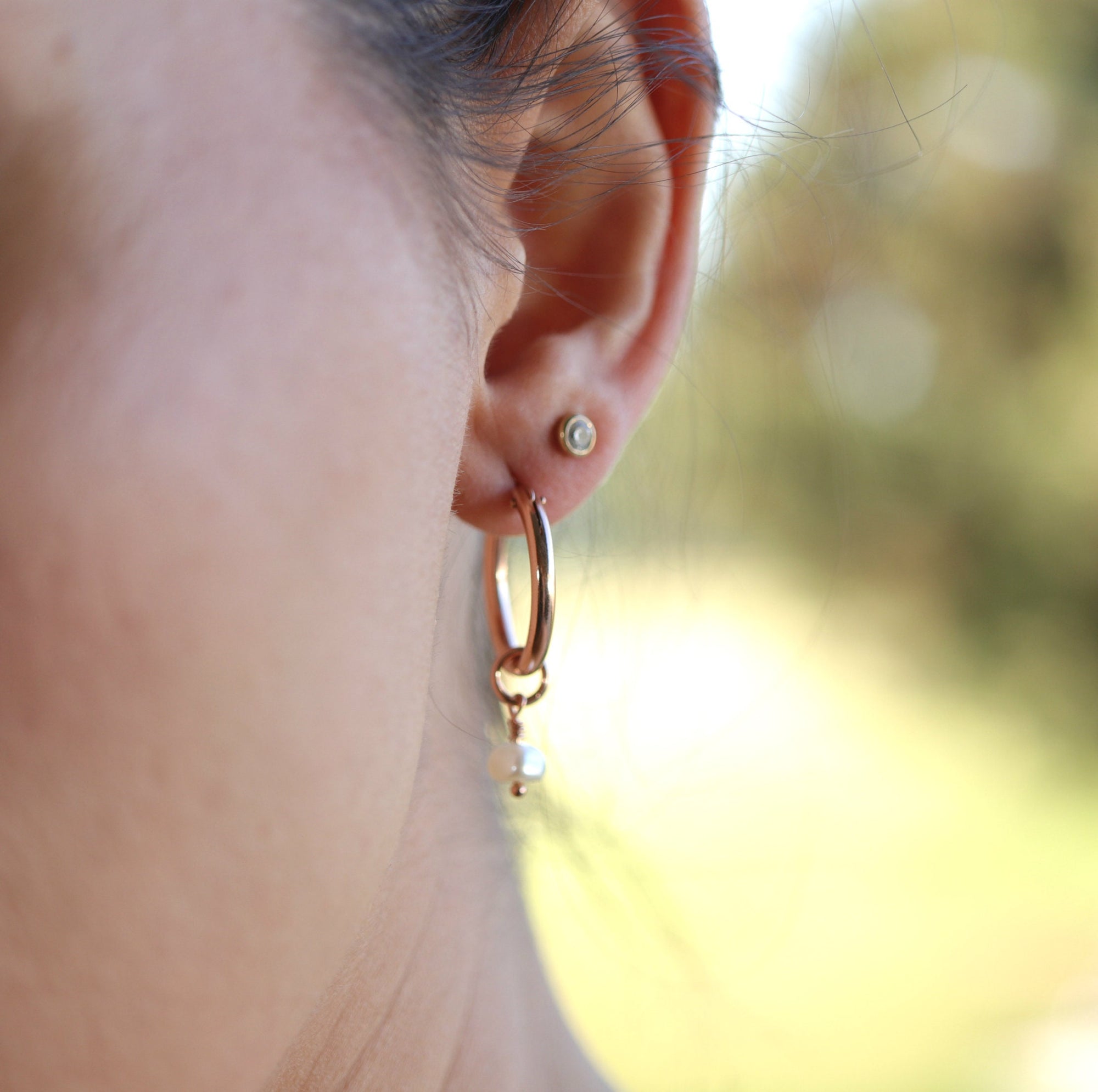 Rose Gold Dangle Hoops with Pearl, Pearl Hoop Earrings