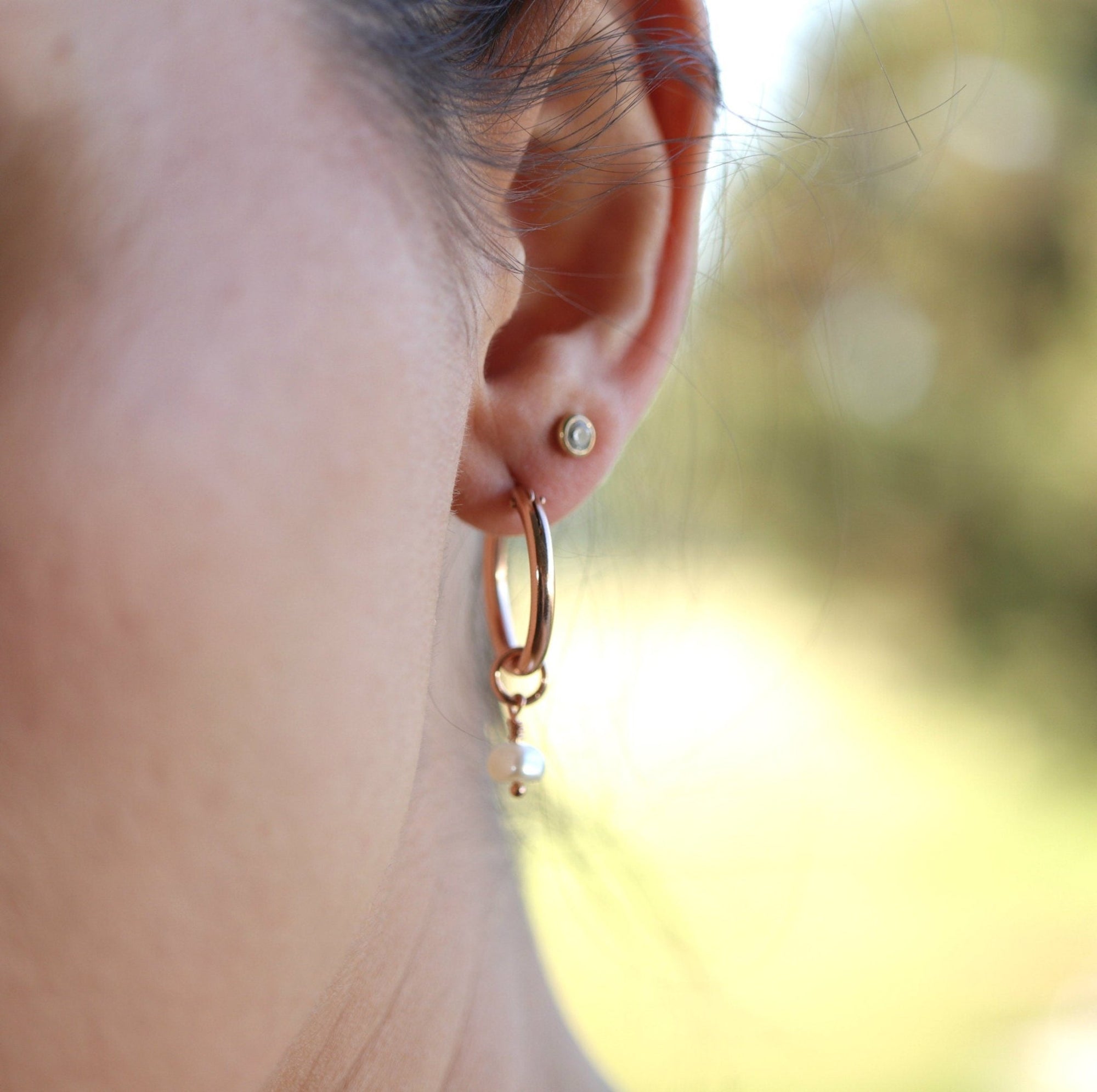 Rose Gold Dangle Hoops with Pearl, Pearl Hoop Earrings - Melt'm Jewelry