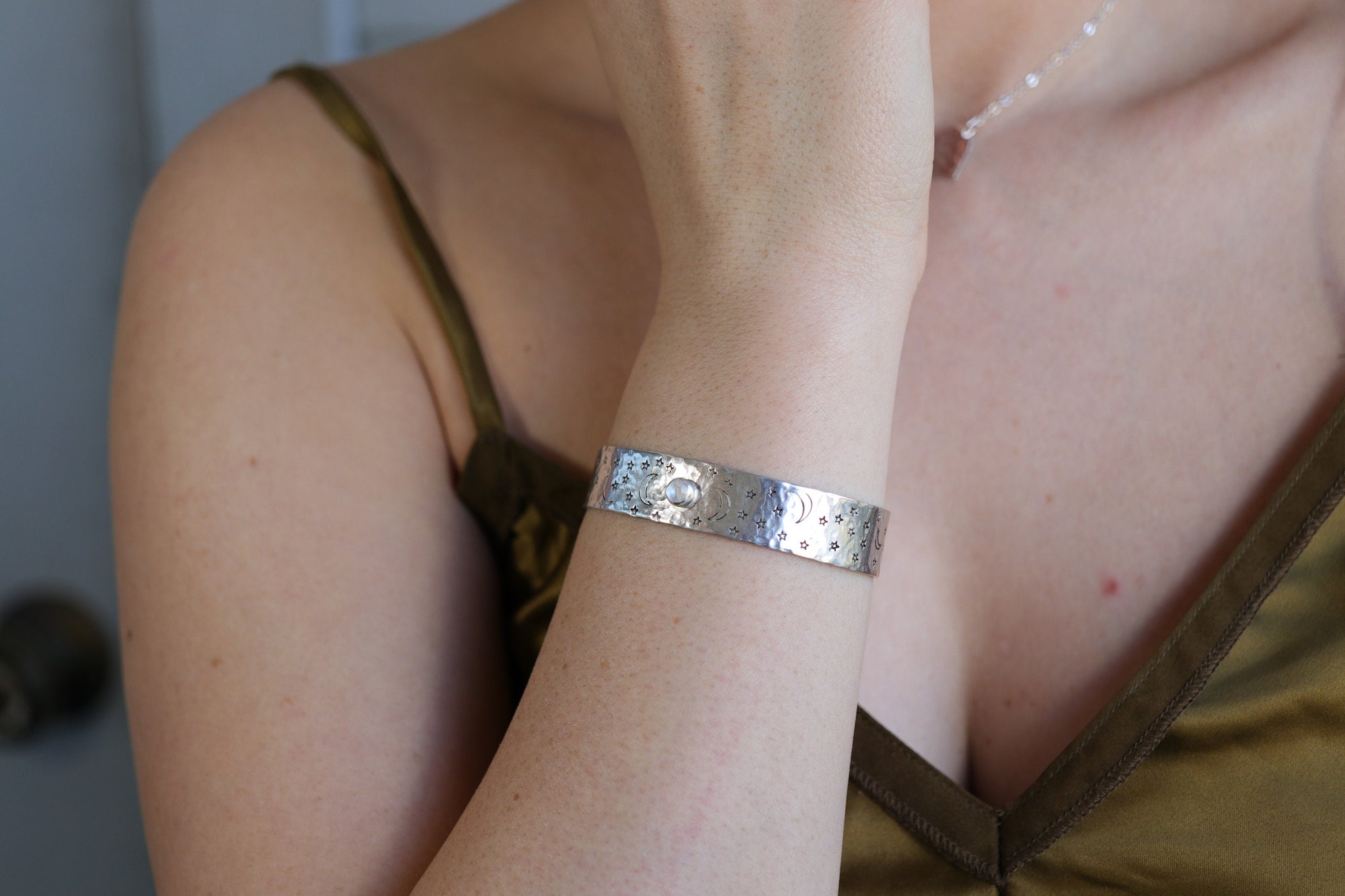 Opal Moon and Stars Hand Stamped Celestial Cuff Bracelet