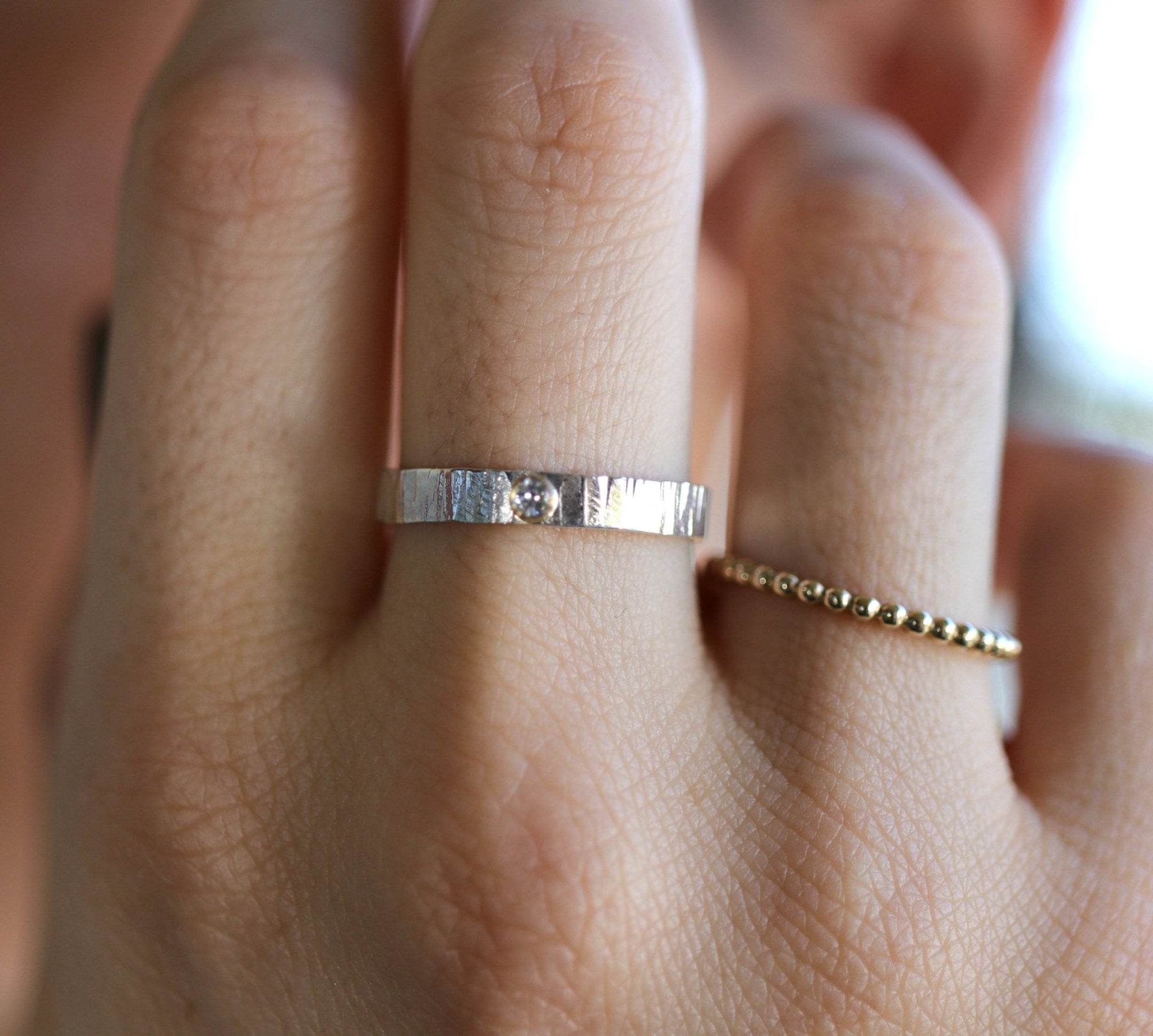 Hammered Silver Band Diamond Ring, Mixed Metal Ring - Melt'm Jewelry