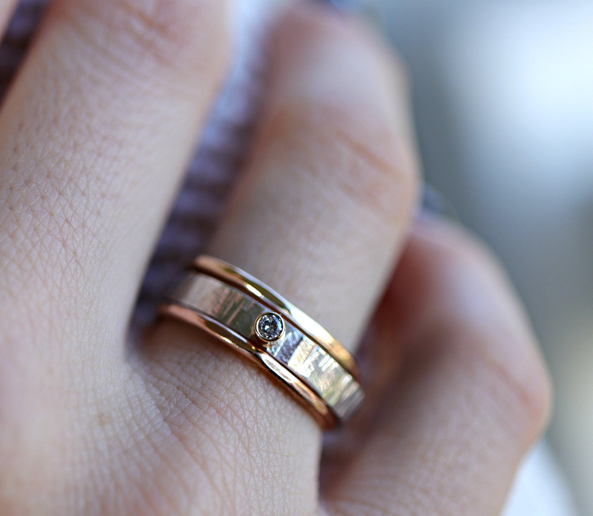 Hammered Silver Band Diamond Ring, Mixed Metal Ring