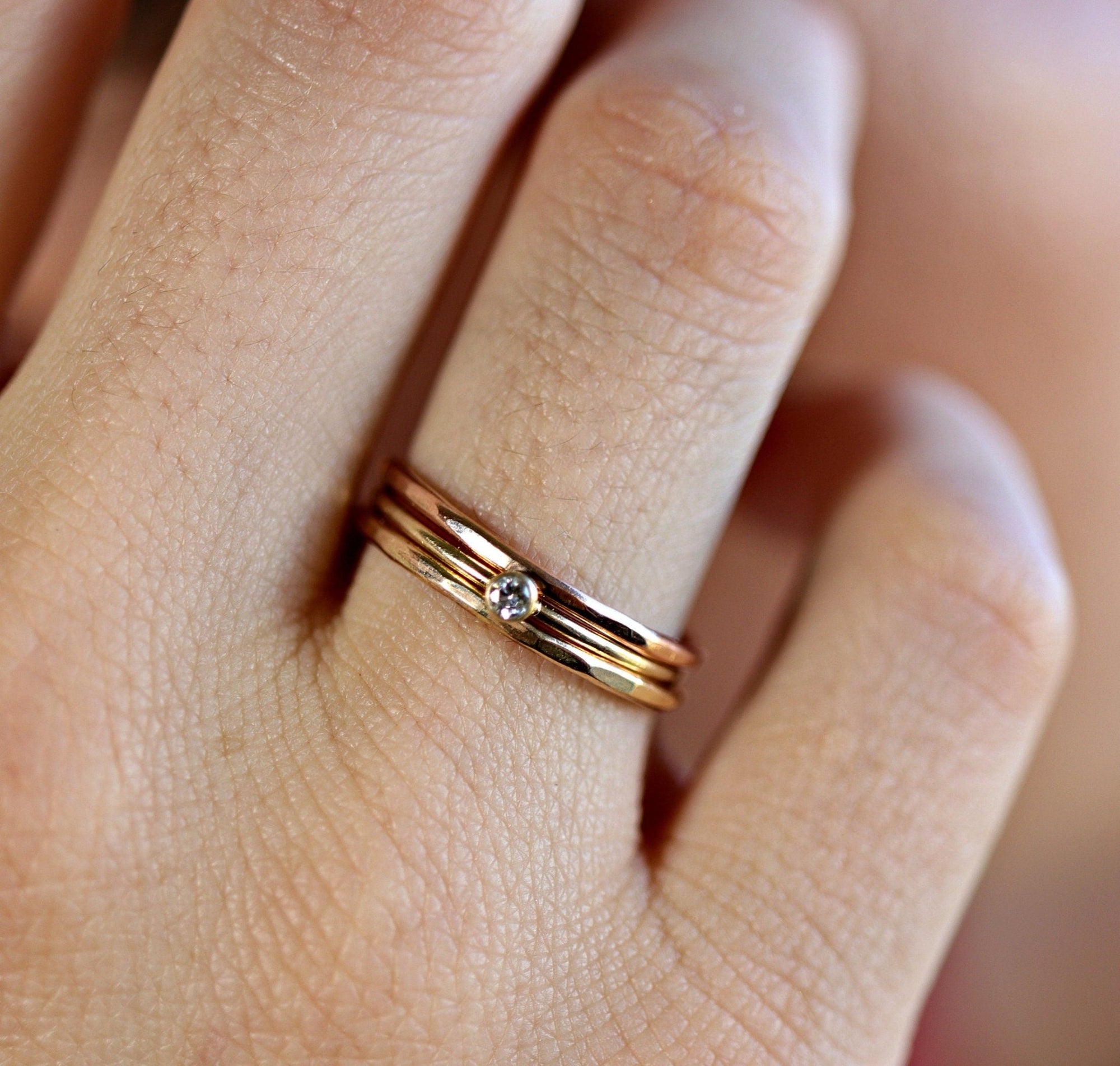 Dainty Diamond Ring 14k Solid Gold – Tiny Bezel Set Diamond Solitaire Stacking Ring - Melt'm Jewelry