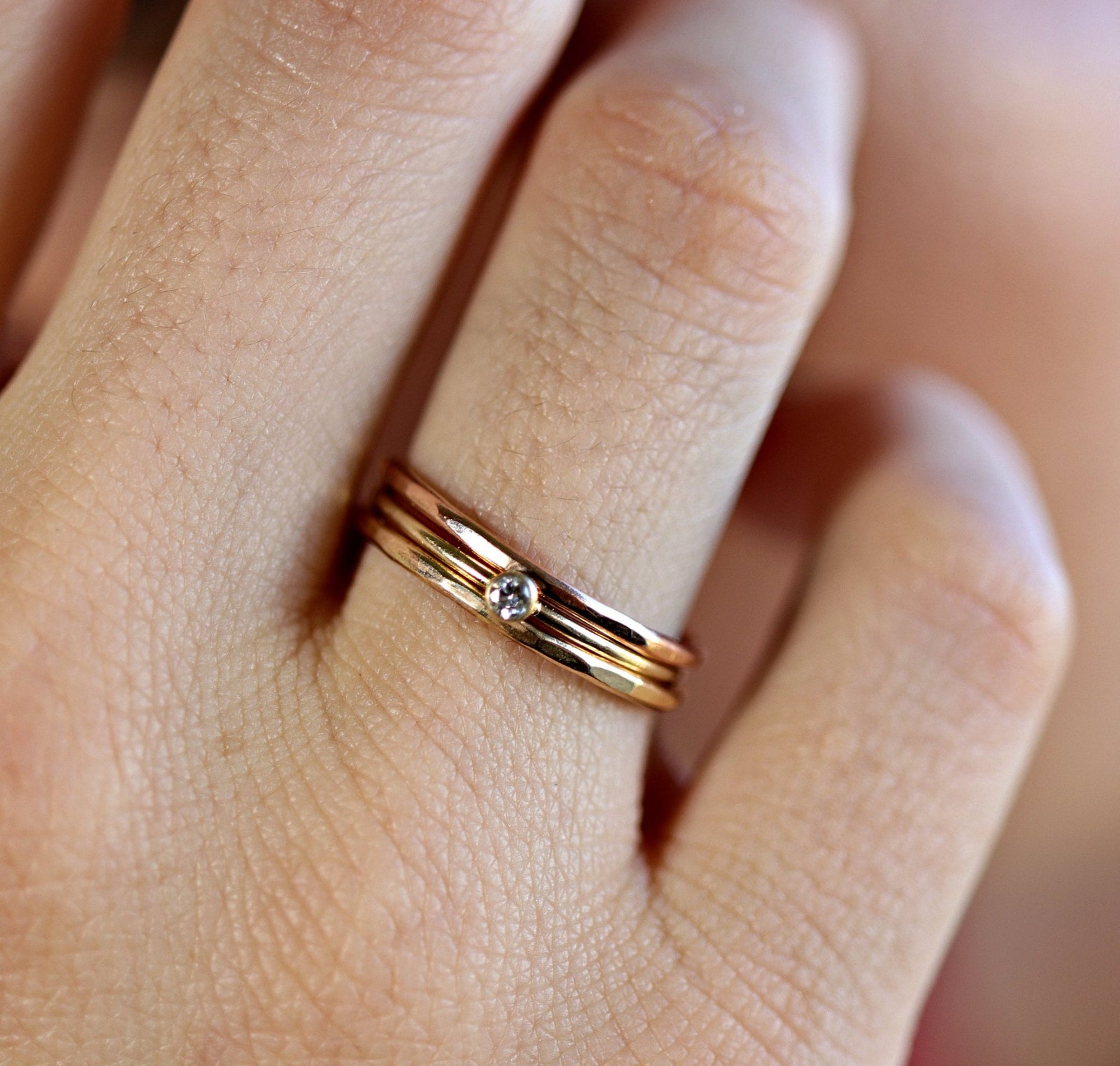 Dainty Diamond Ring 14k Solid Gold – Tiny Bezel Set Diamond Solitaire Stacking Ring - Melt'm Jewelry