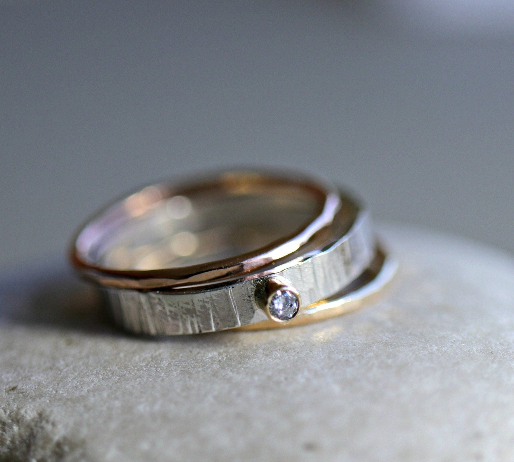 Silver, Gold and Rose Gold Set of 3 Ring with Diamond - Melt'm Jewelry